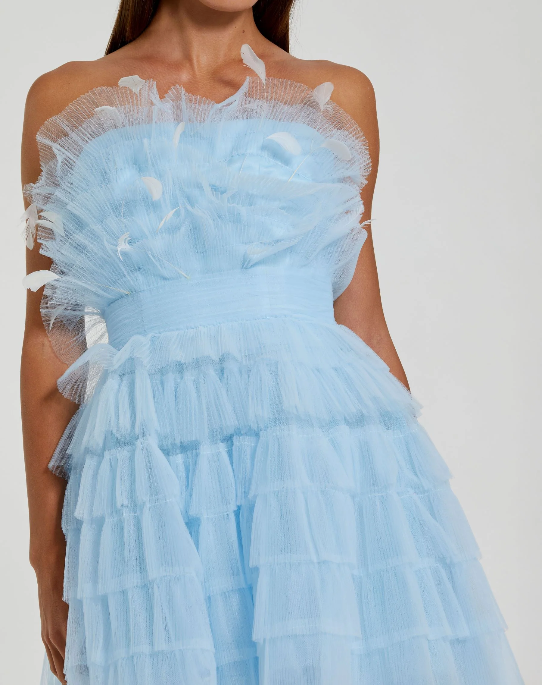 Blue Feathered Strapless Tulle Fit and Flare Dress