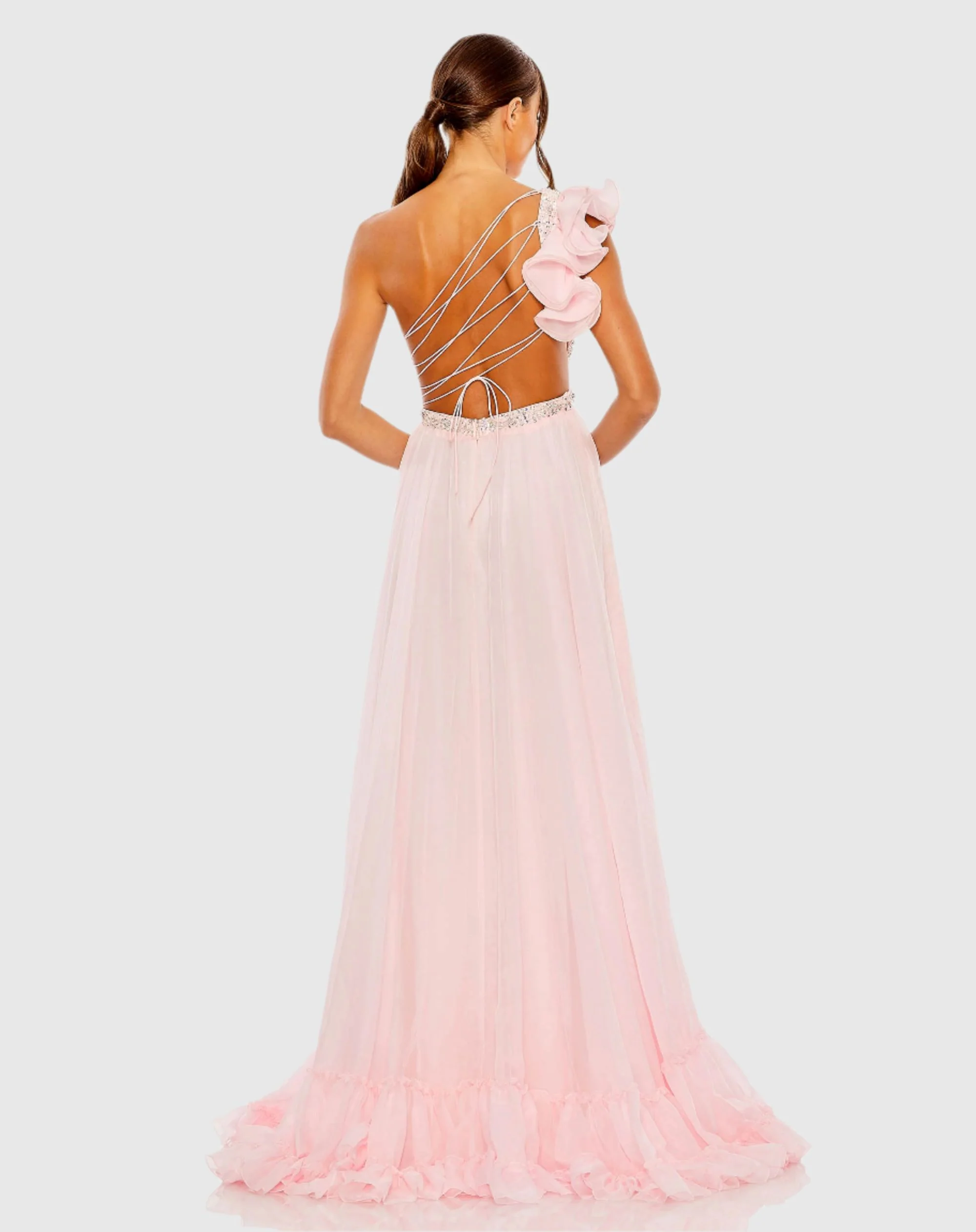 Ruffled One Shoulder Embellished Lace Up Gown