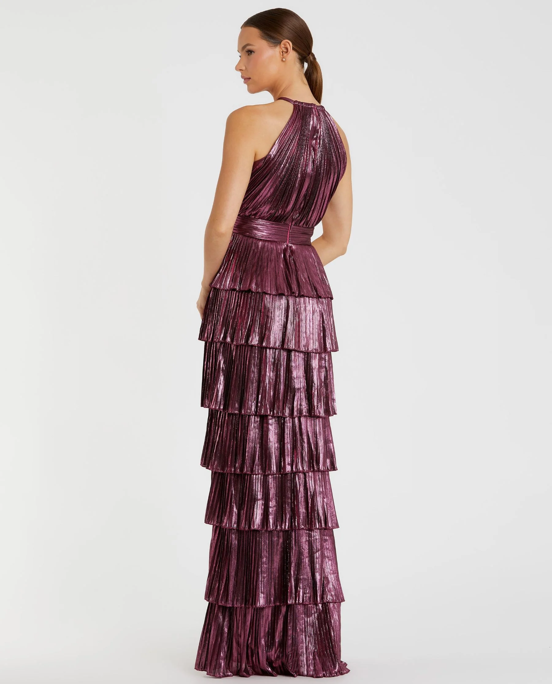 Purple High Neck Pleated Tiered Ruffle Metallic Gown