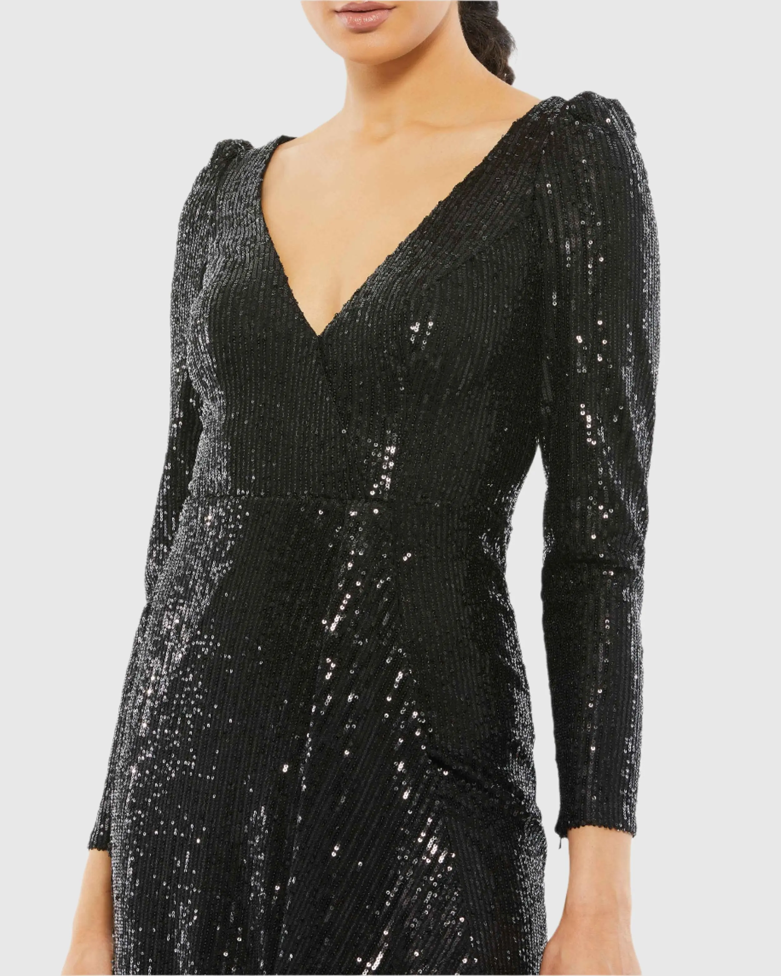 Black Sequined Faux Wrap Long Sleeve Gown