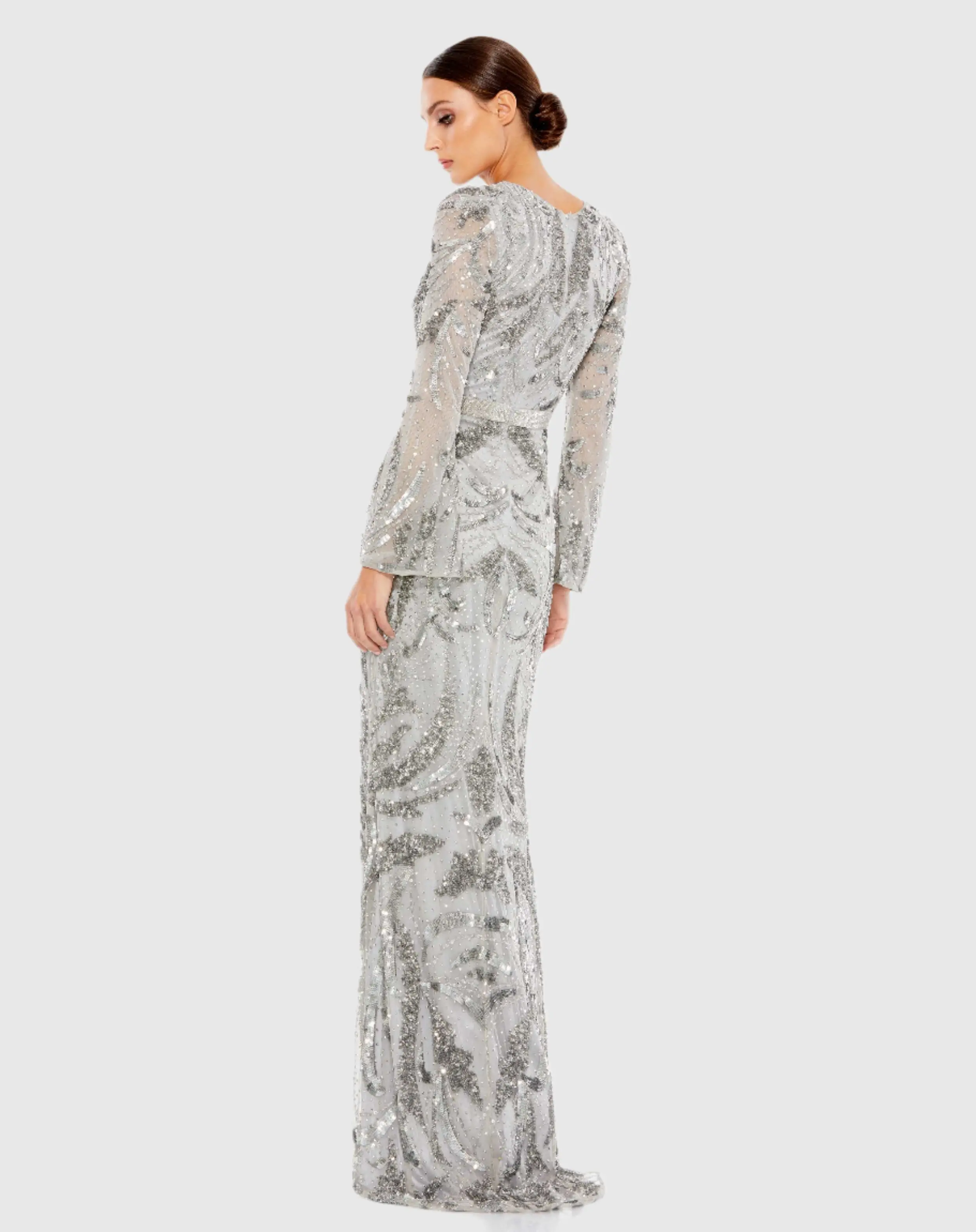 Gray Sequined Faux Wrap Split Long Sleeve Gown