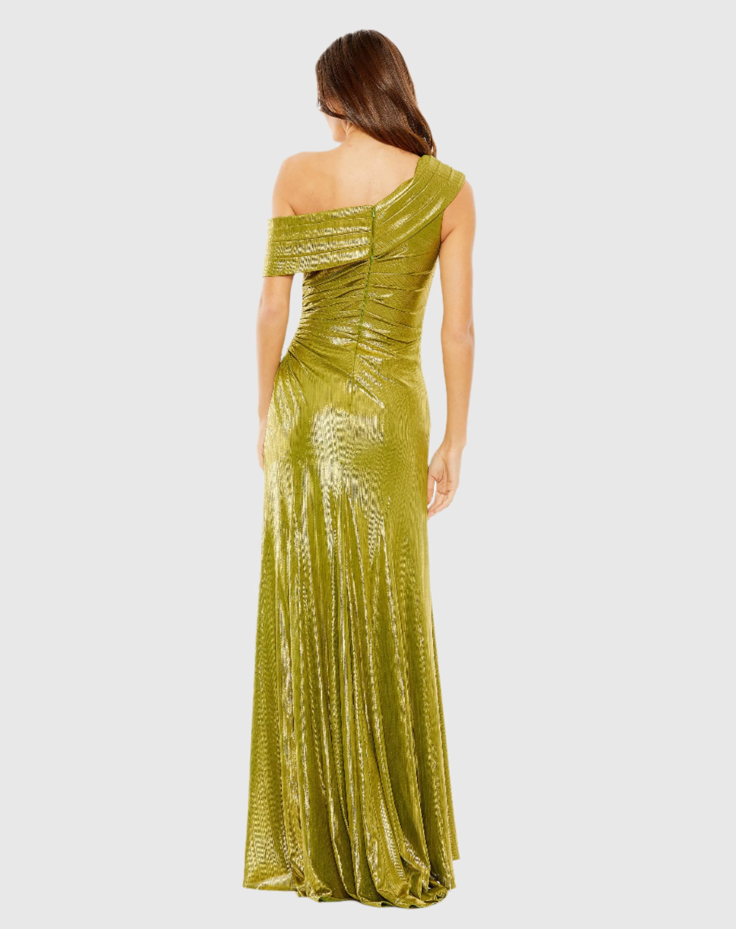 Green Off The Shoulder Ruched Waist Slit Metallic Gown