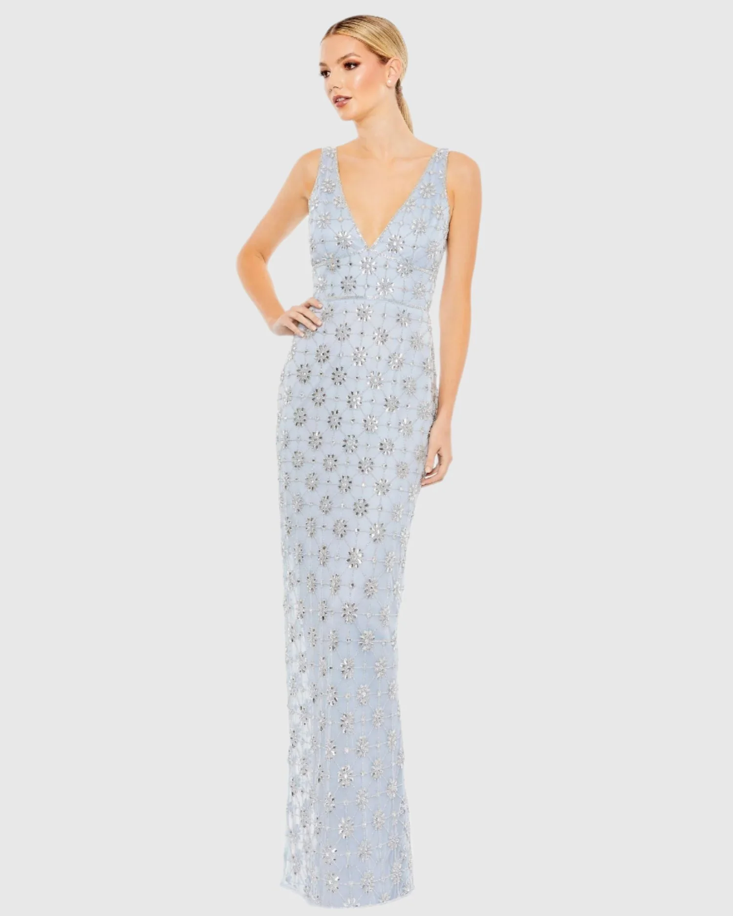 Blue Embellished Mesh V Neck Sleeveless Gown