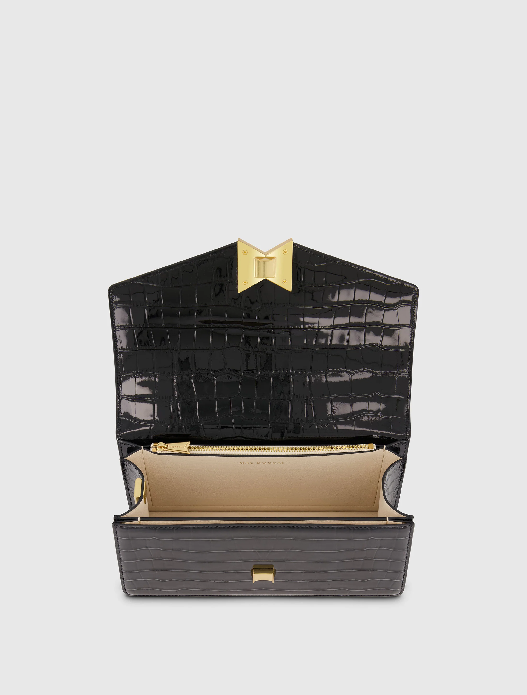 Black Crocodile Leather Shoulder Bag With Gold Hardware