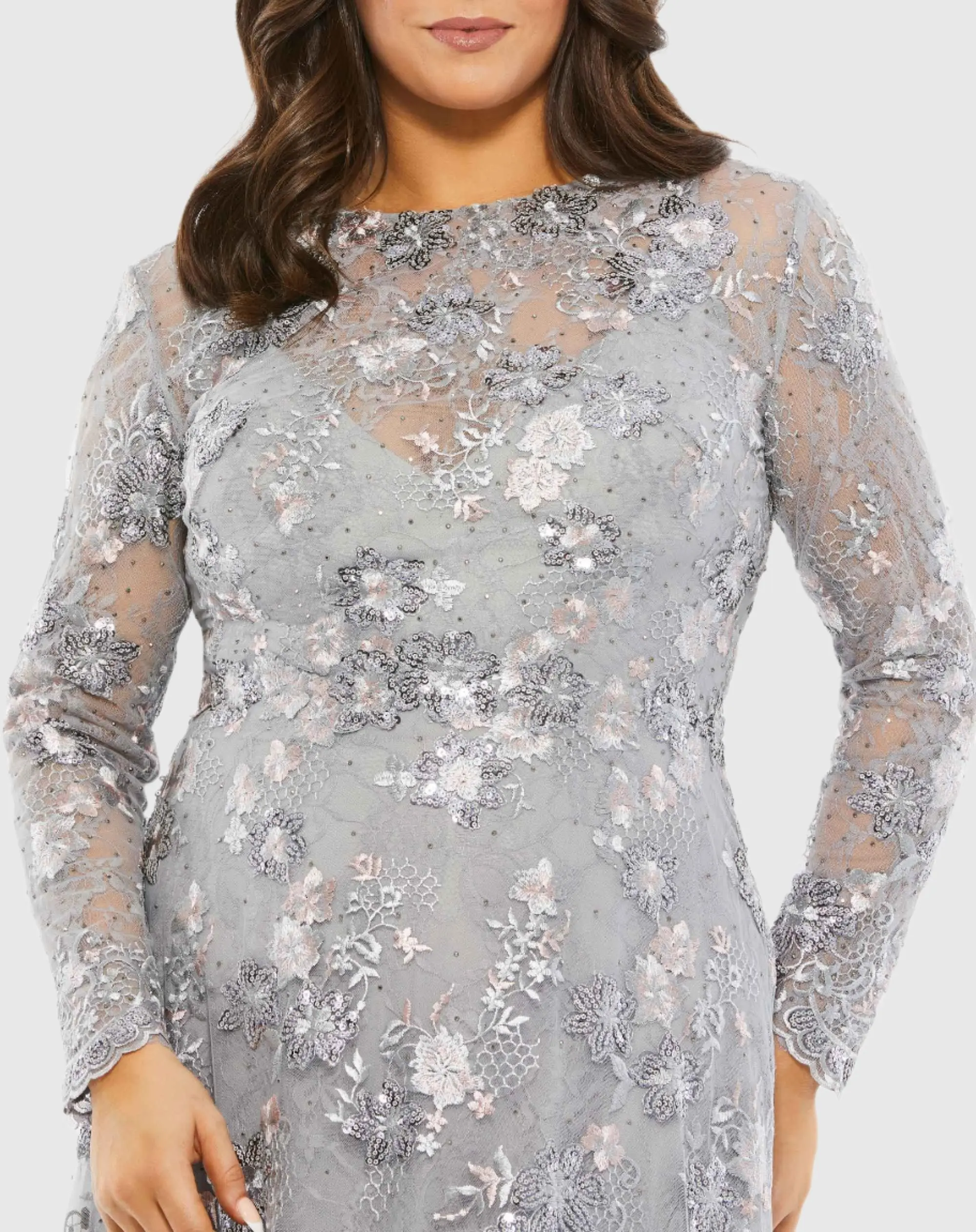 Embellished Illusion Long Sleeve A Line Gown (Plus) - FINAL SALE