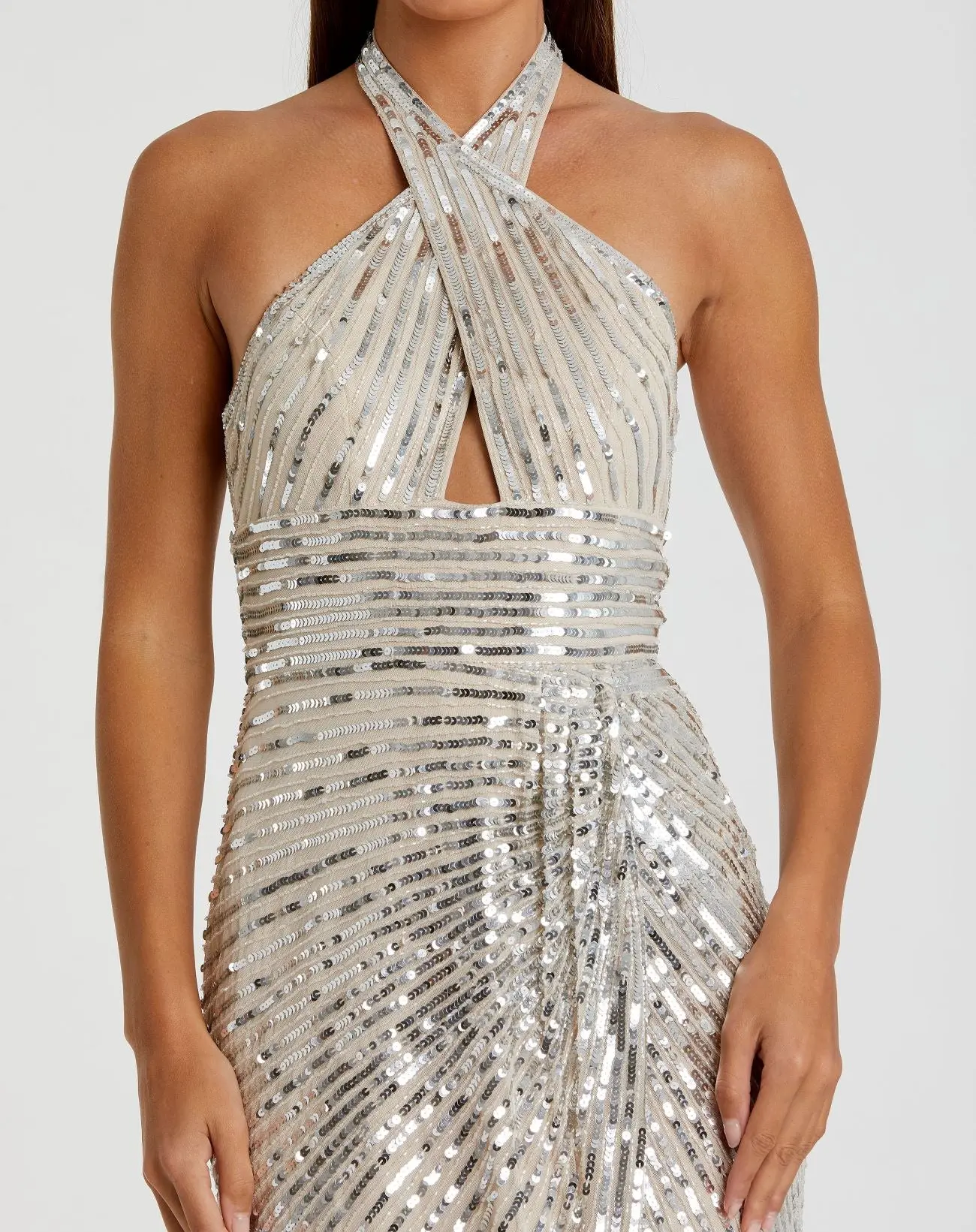 Silver Embellished Keyhole Halter Strap Draped Gown