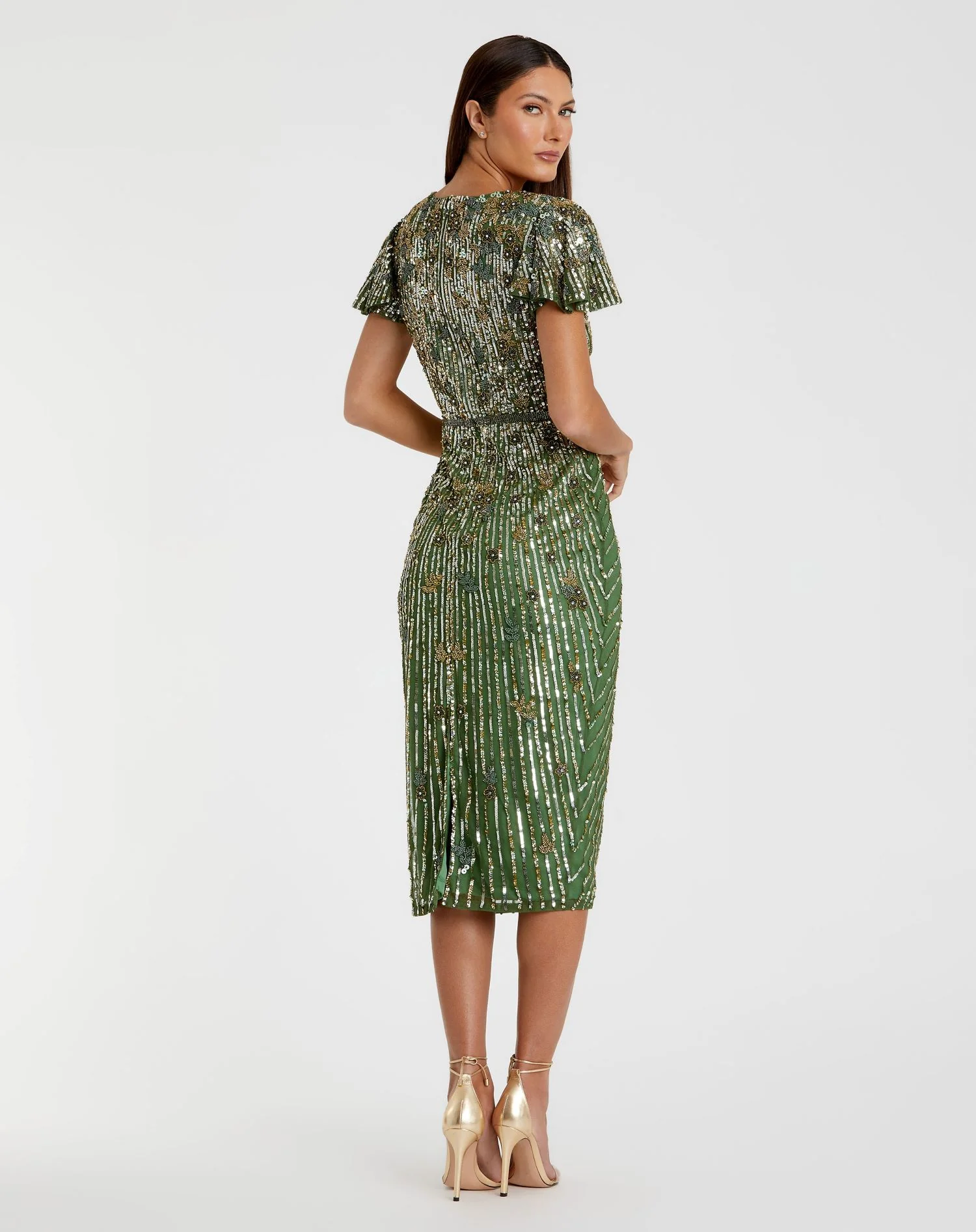 Green Embellished Faux Wrap Flutter Sleeve Dress