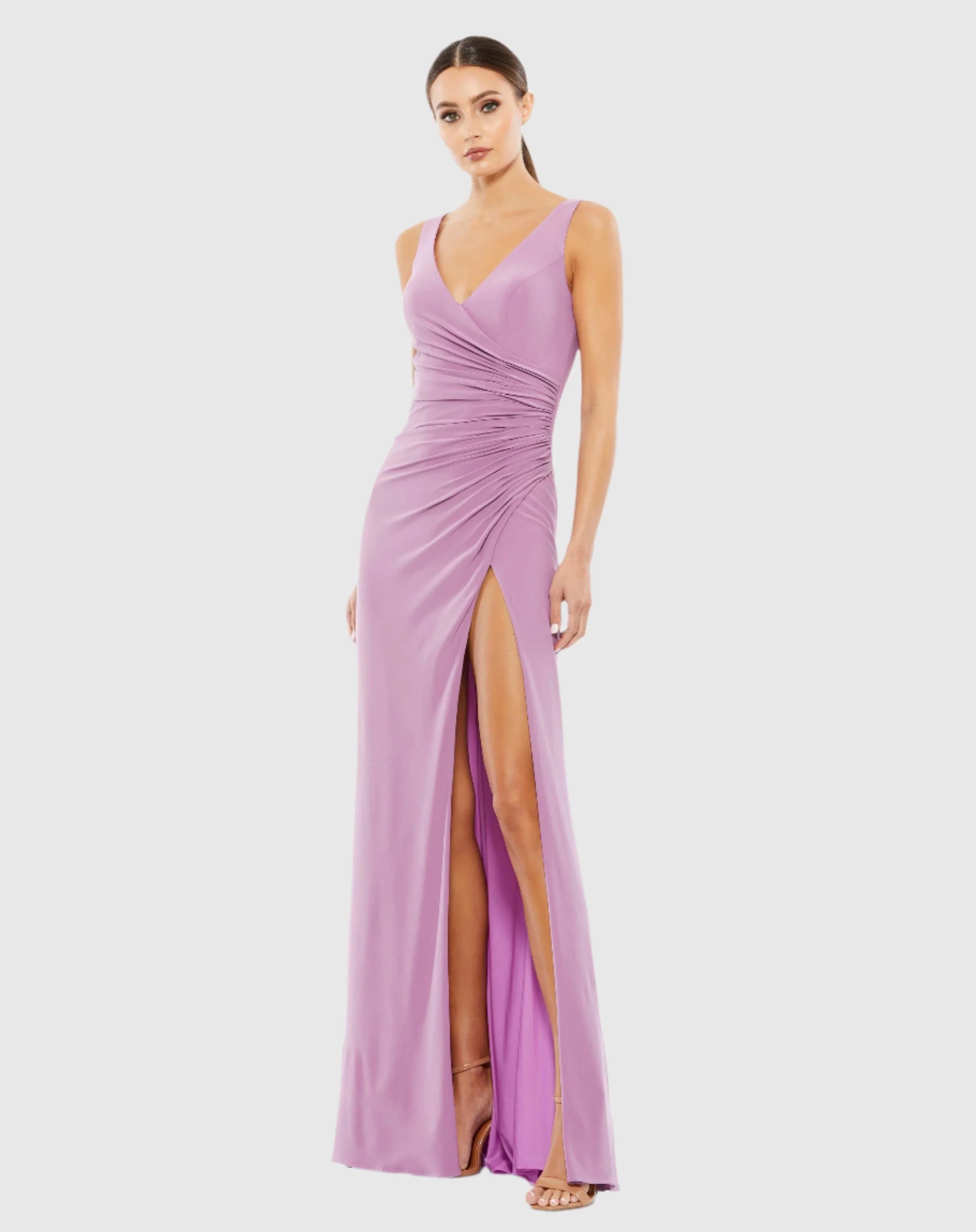 Purple Ruched Stretch Jersey V-Neck Gown