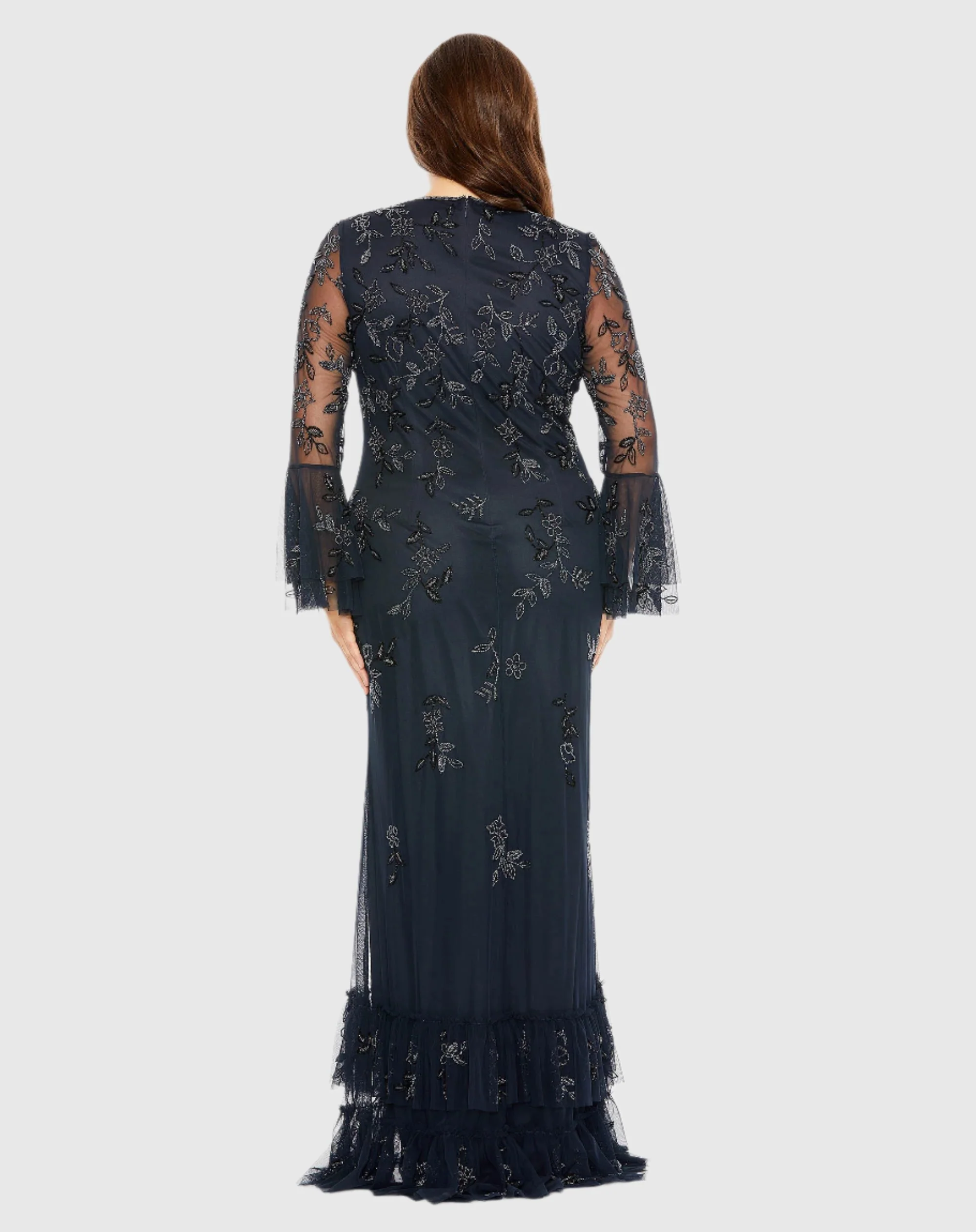 V Neck Embellished Flutter Tiered Long Sleeve Gown - FINAL SALE