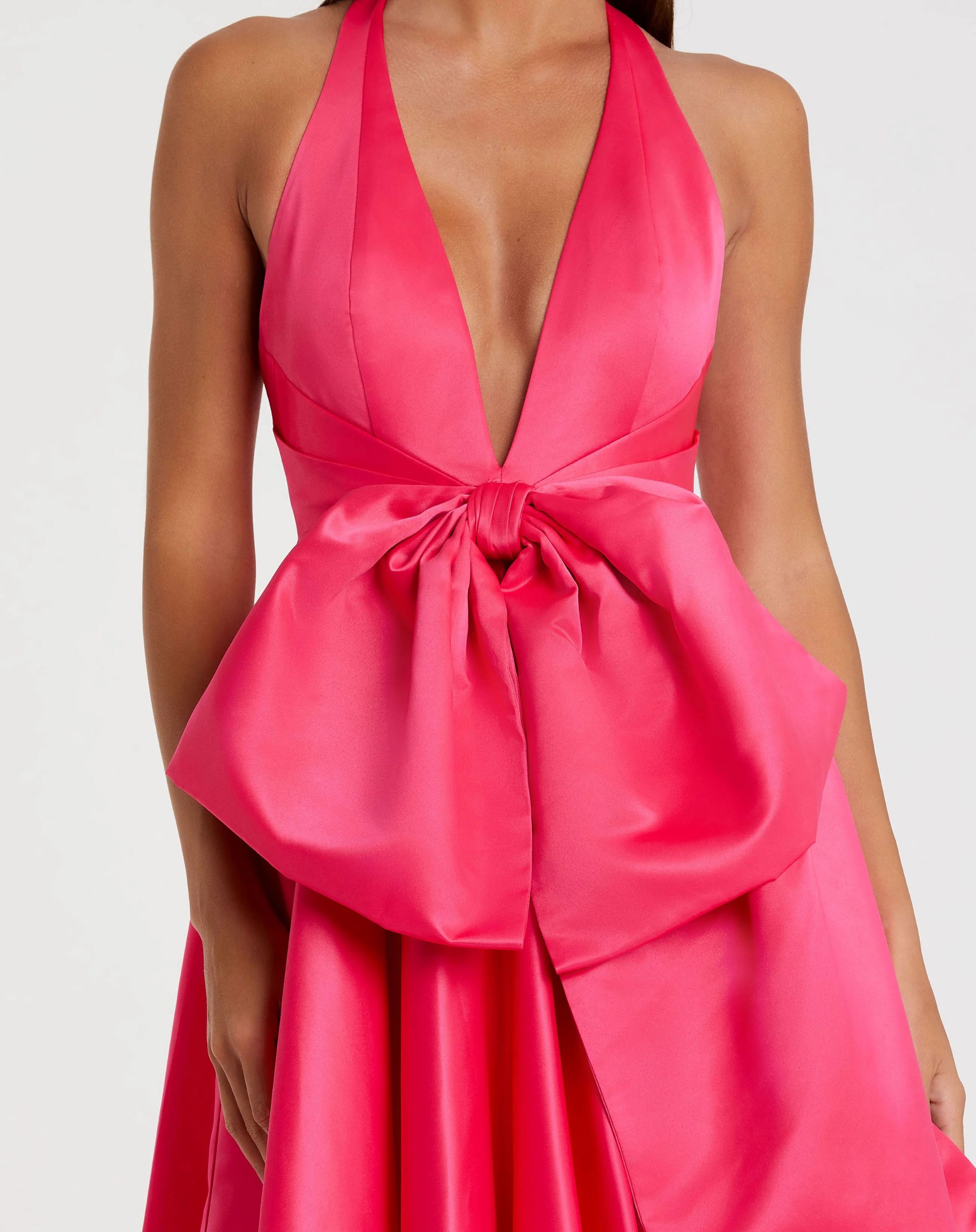 Pink Sleeveless Deep V Satin Gown With Oversized Bow