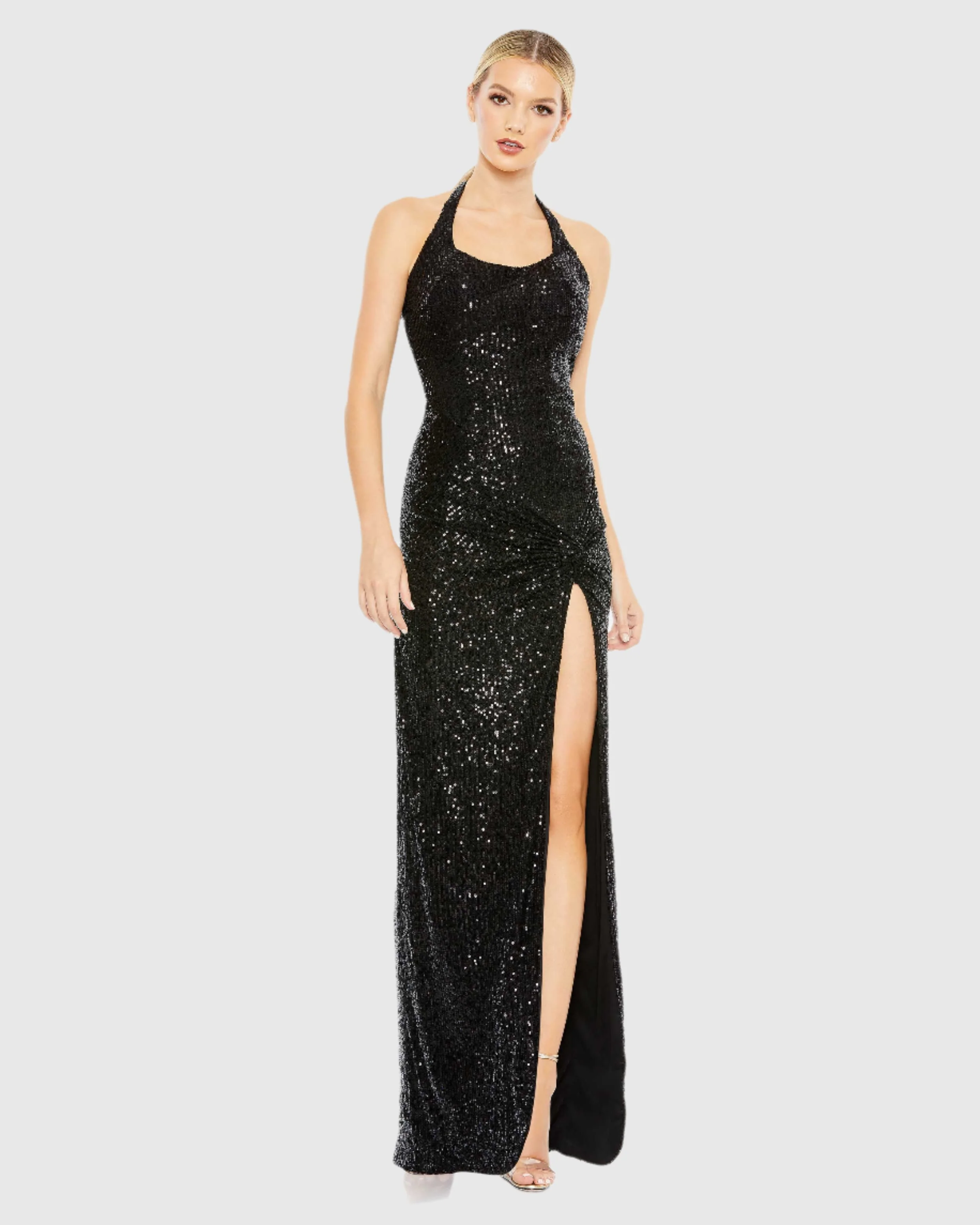 Black Sequined Halter Strap Low Side Knot Gown