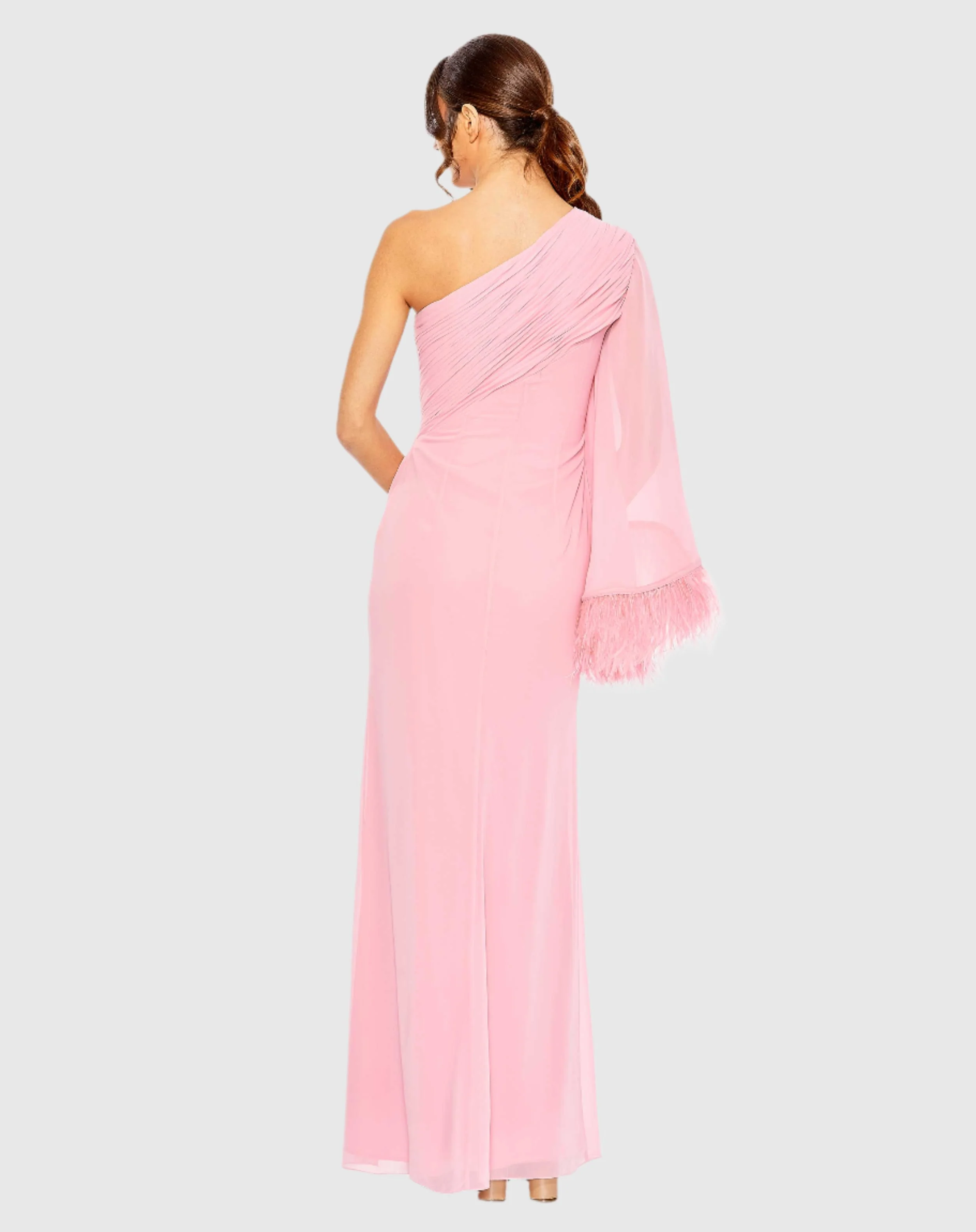 Pink Feather Cuff One Shoulder Ruched Gown