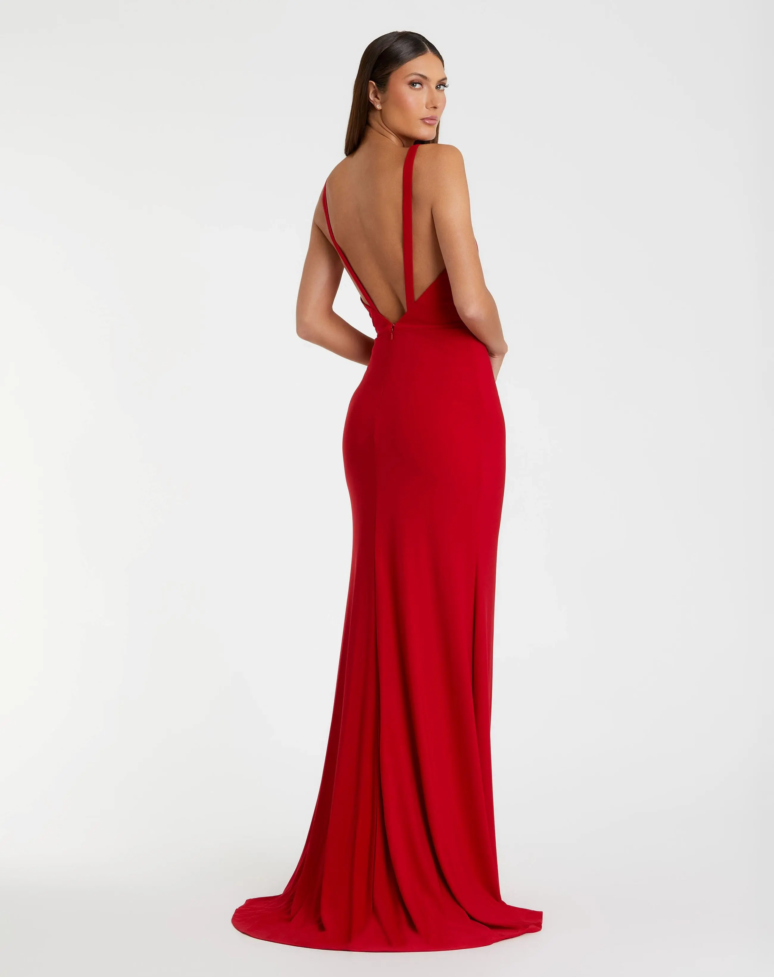 Red Plunge Neck High Slit Gown
