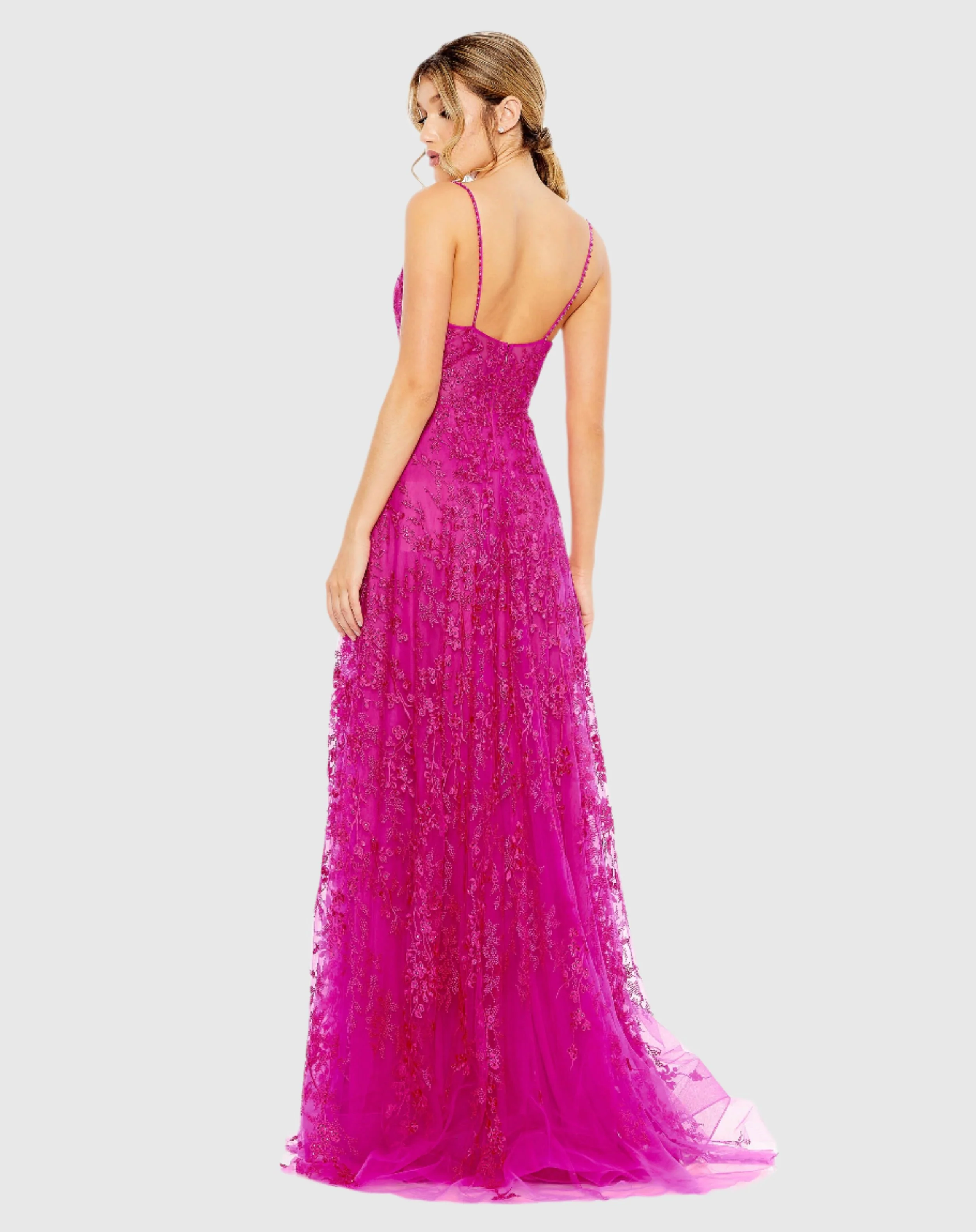 Purple Floral Applique Cami A Line Gown