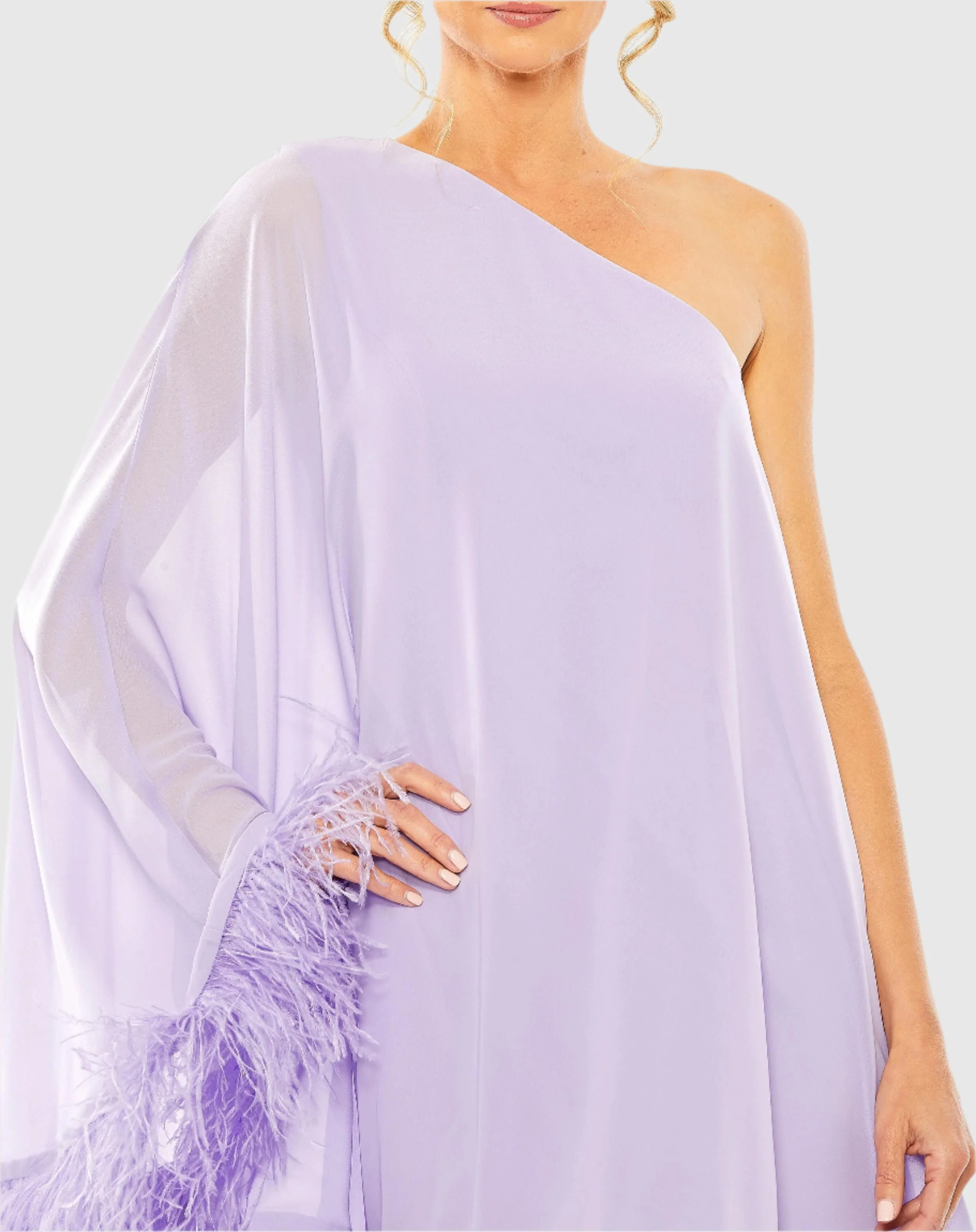 Purple One Shoulder Trapeze Dress with Feather Trim