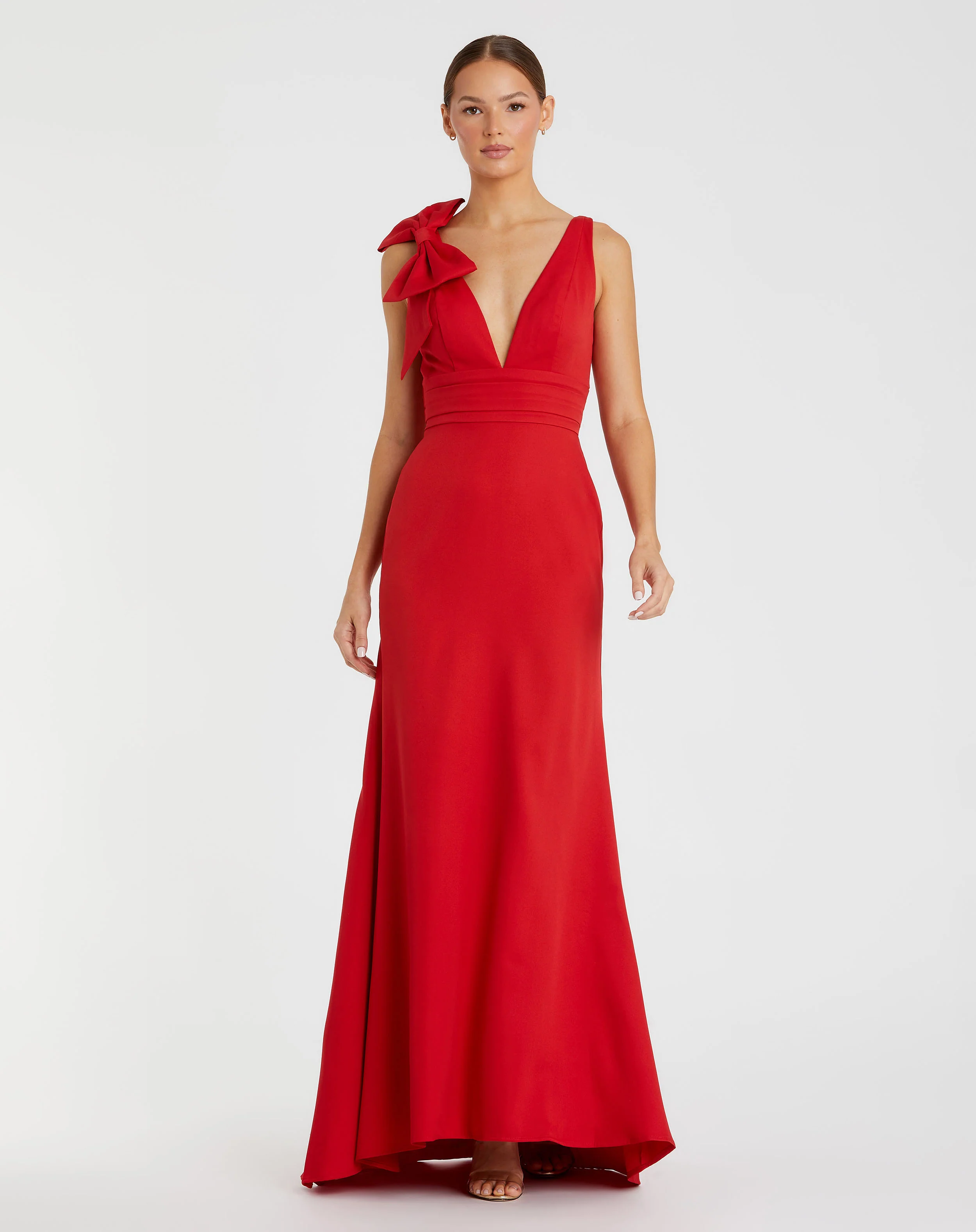 Red Sleeveless V Neck Bow Detail Mermaid Gown