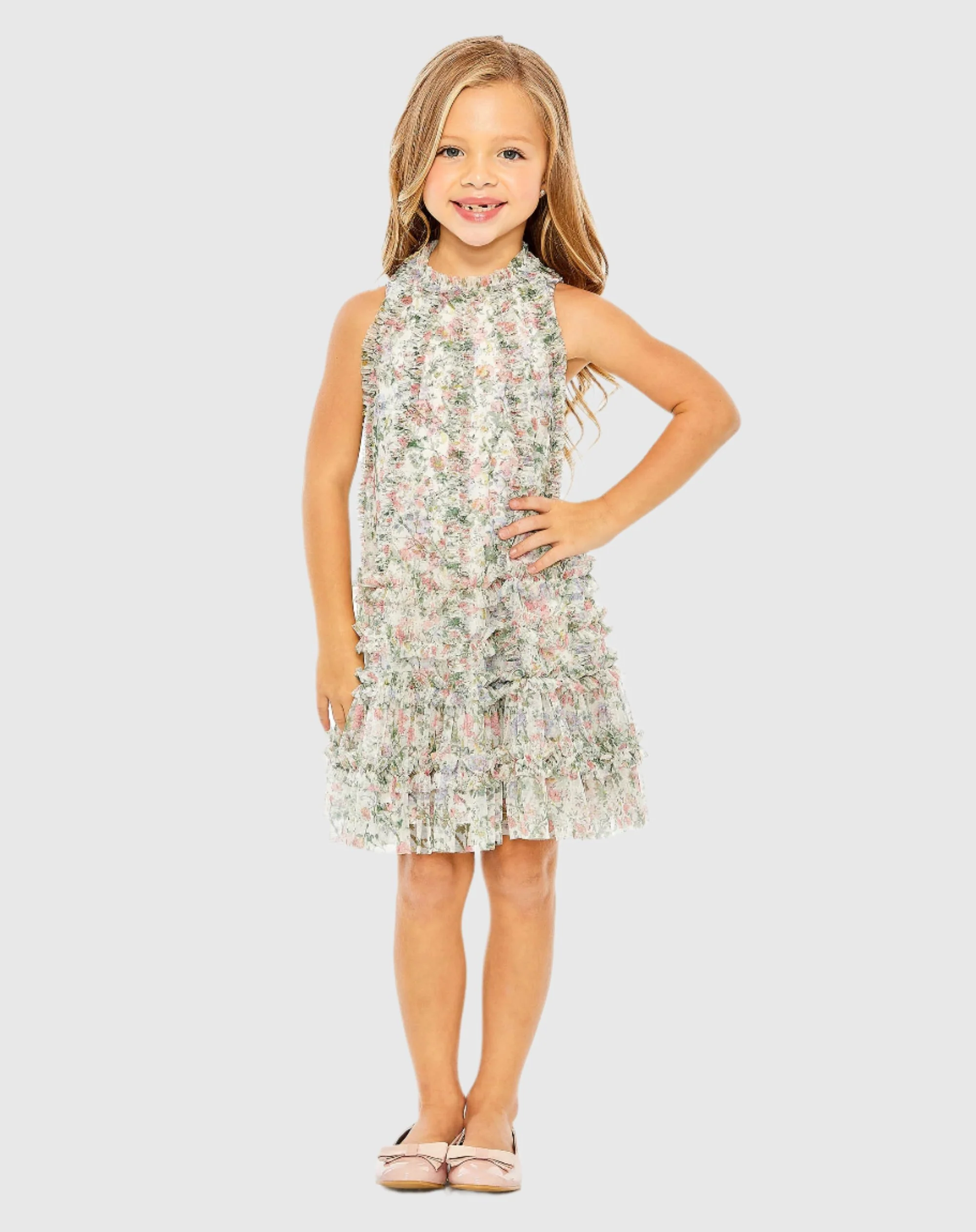 Girls Mesh Floral Print A-Line Dress