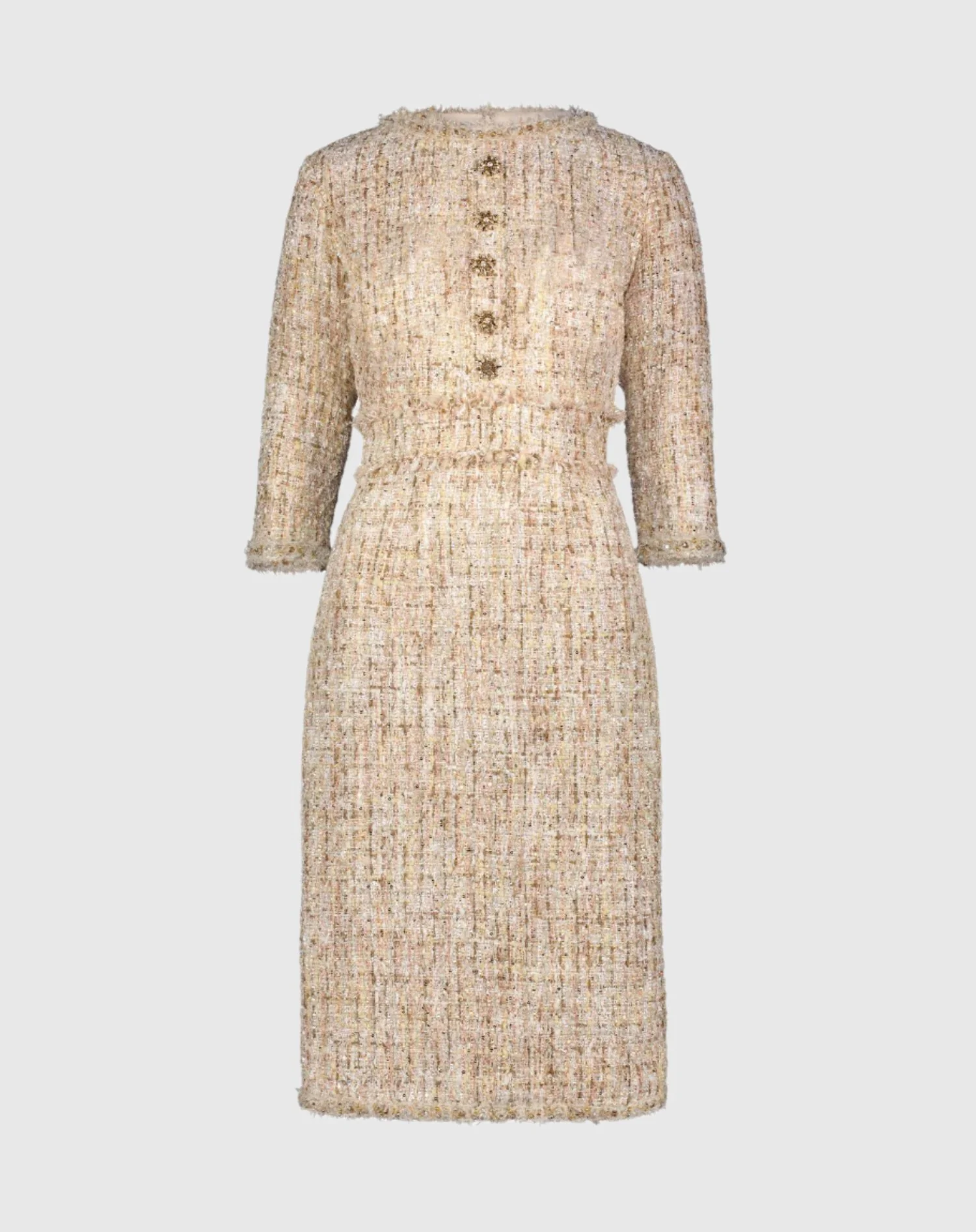 Beige 3/4 Sleeve Beaded Trim Patch Pocket Tweed Midi Dress