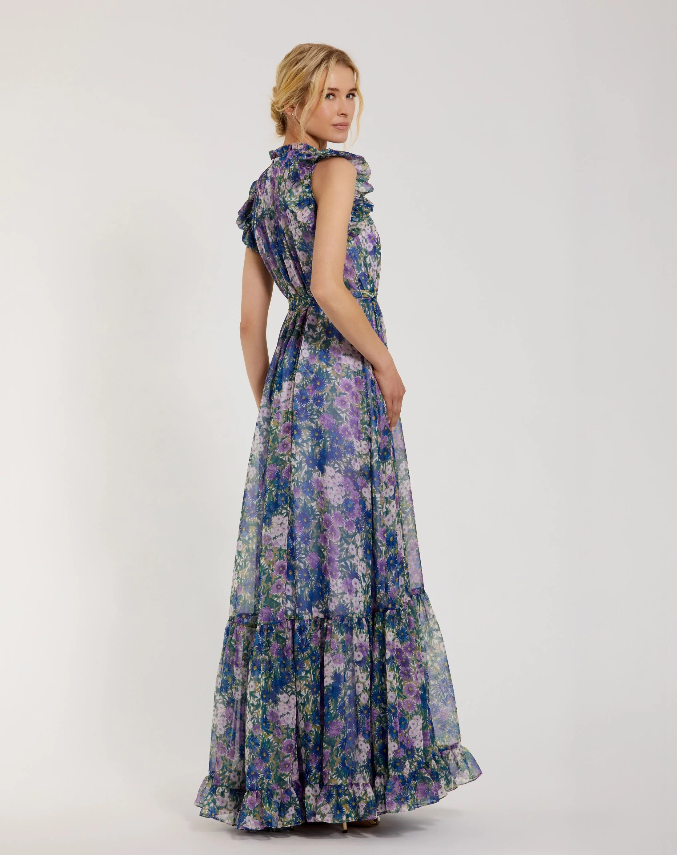 Purple Printed Chiffon Ruffle Sleeve Gown With Bow Belt