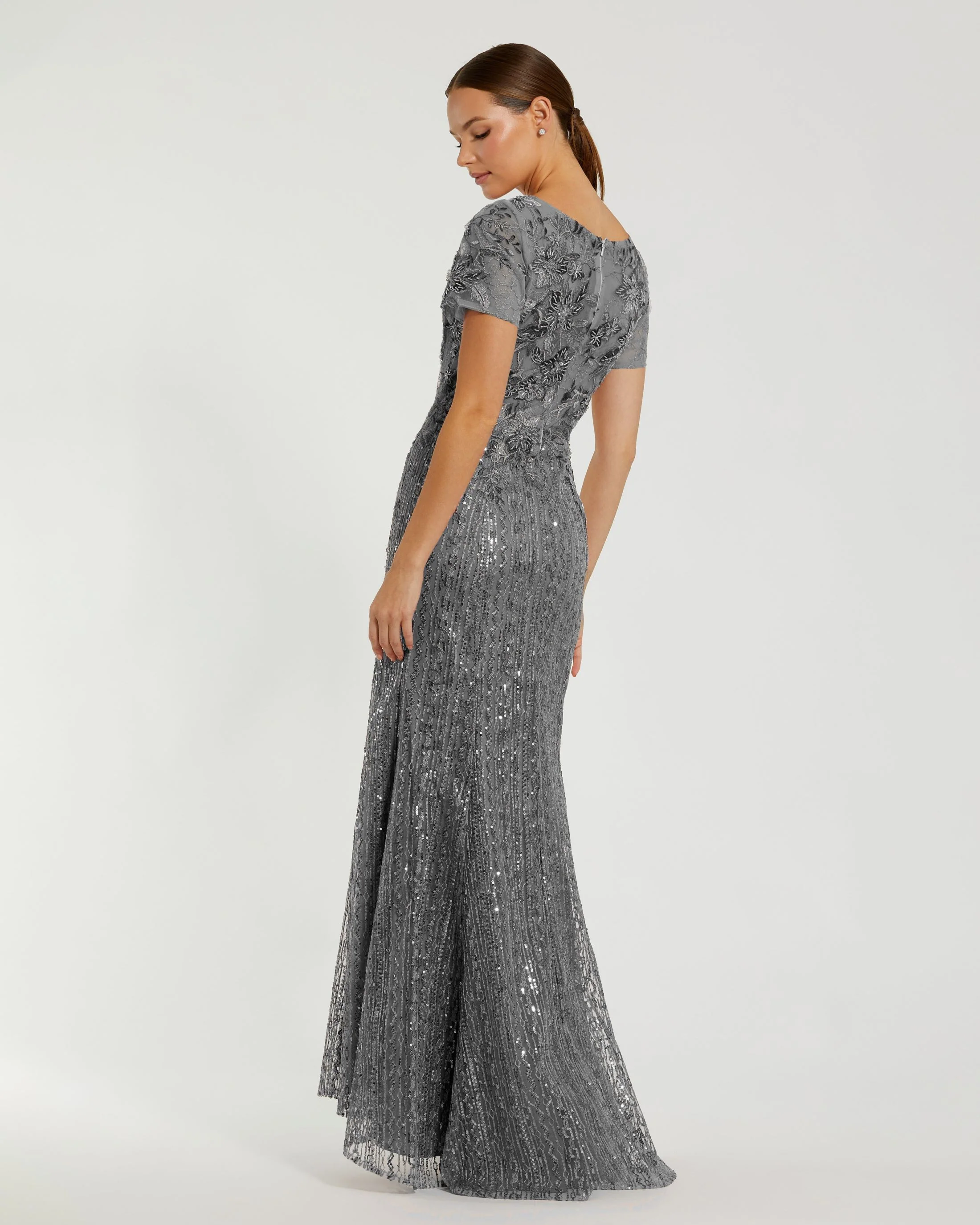 Gray Embellished V Neck Cap Sleeve Trumpet Gown