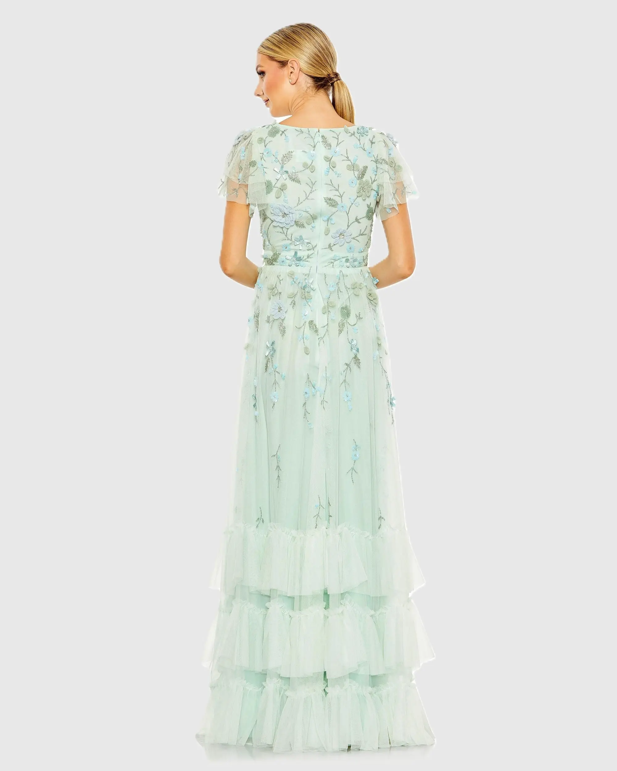 Green Ruffle Tiered Embellished Faux Wrap Flutter Sleeve Gown