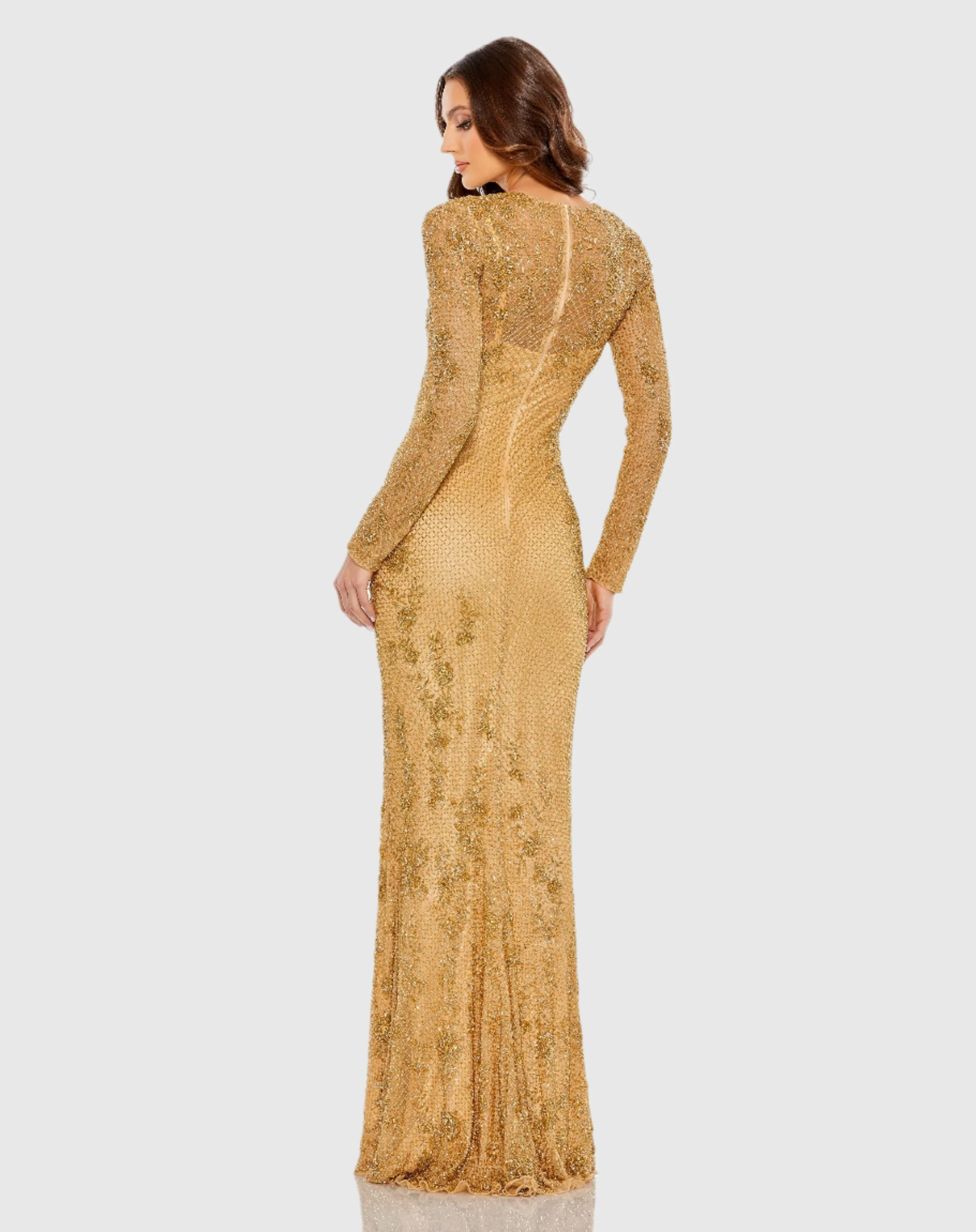 Gold Long Sleeve Embellished Gown