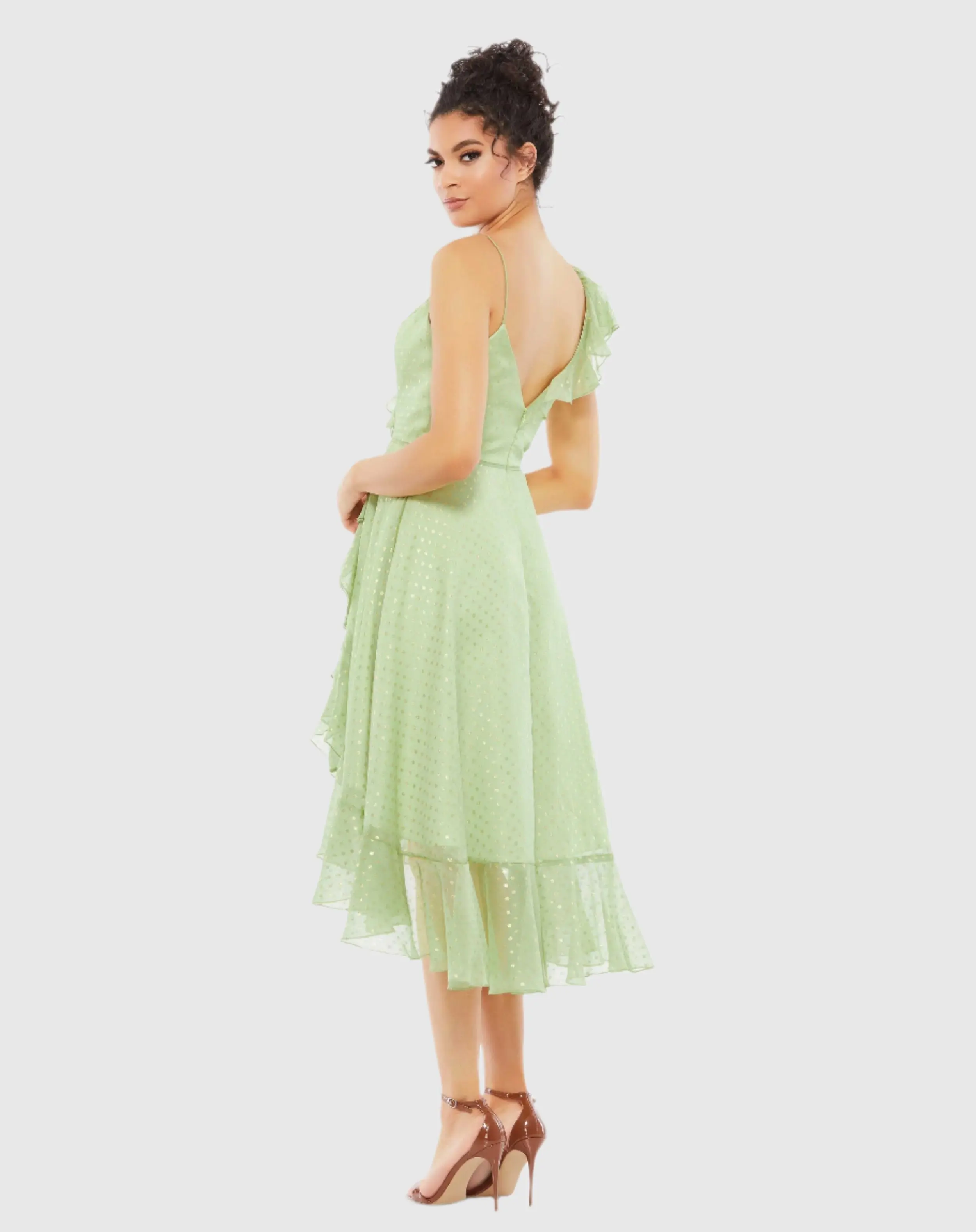 Green Ruffled Faux Wrap Polka Dot Midi Dress