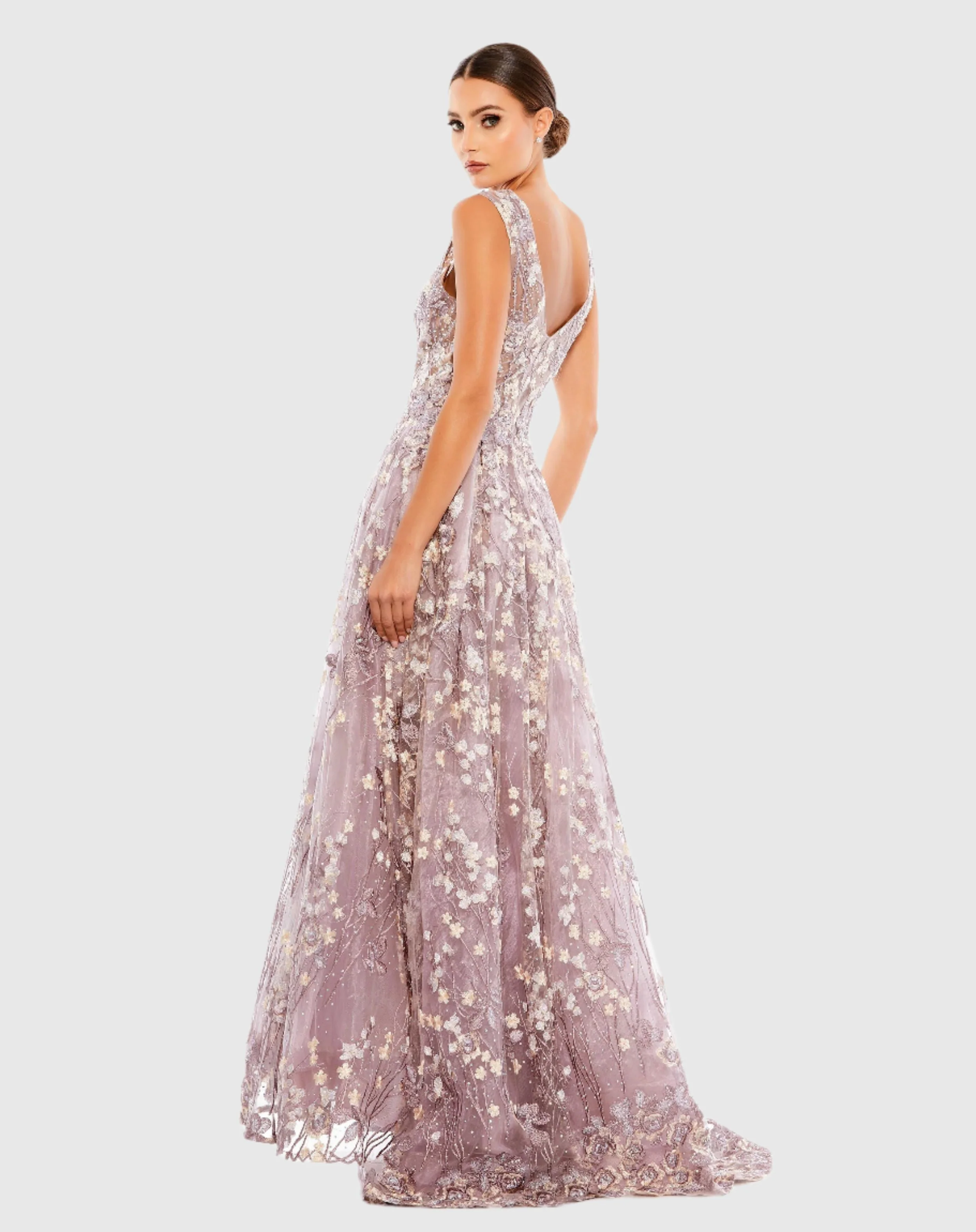 Purple Floral Embroidered Illusion V-Neck Gown