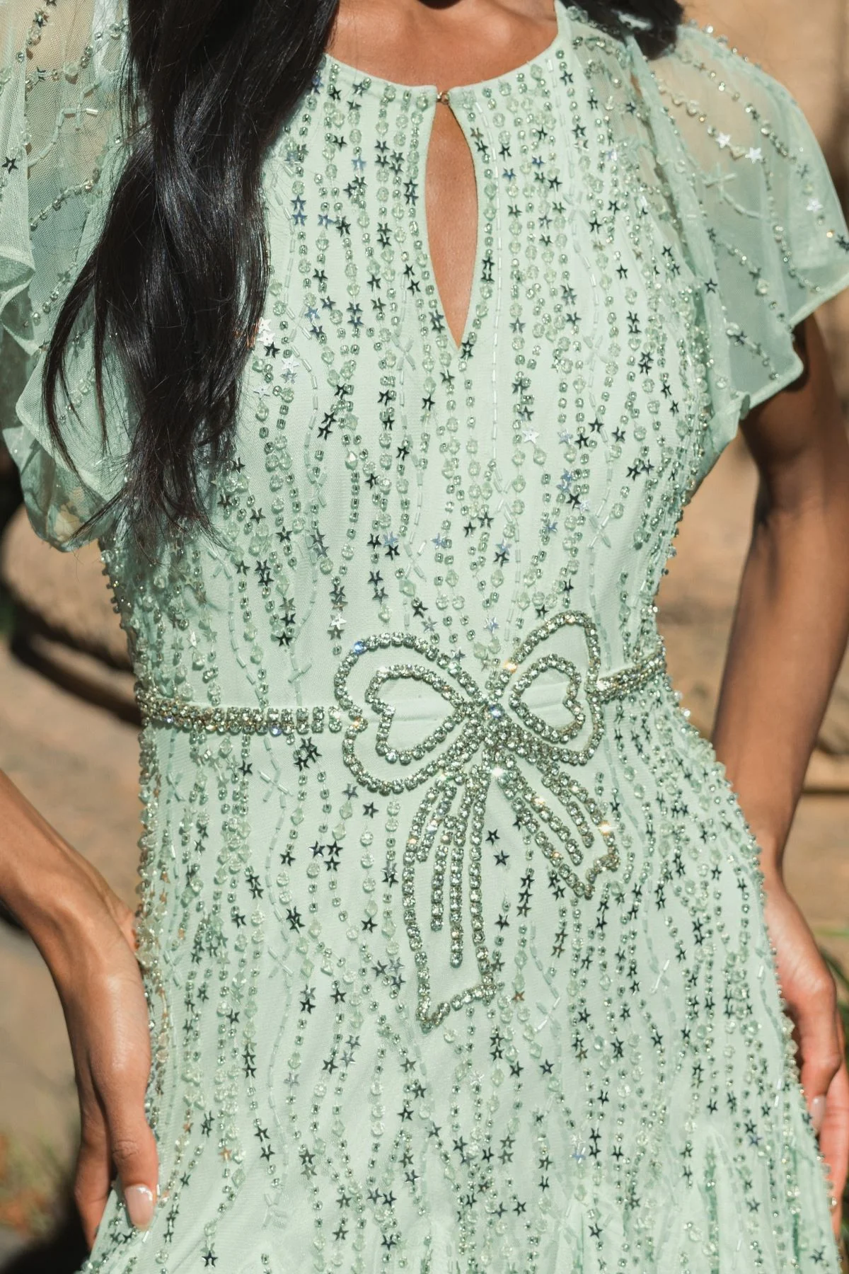 Green Embellished Bow Flutter Sleeve A Line Midi Dress