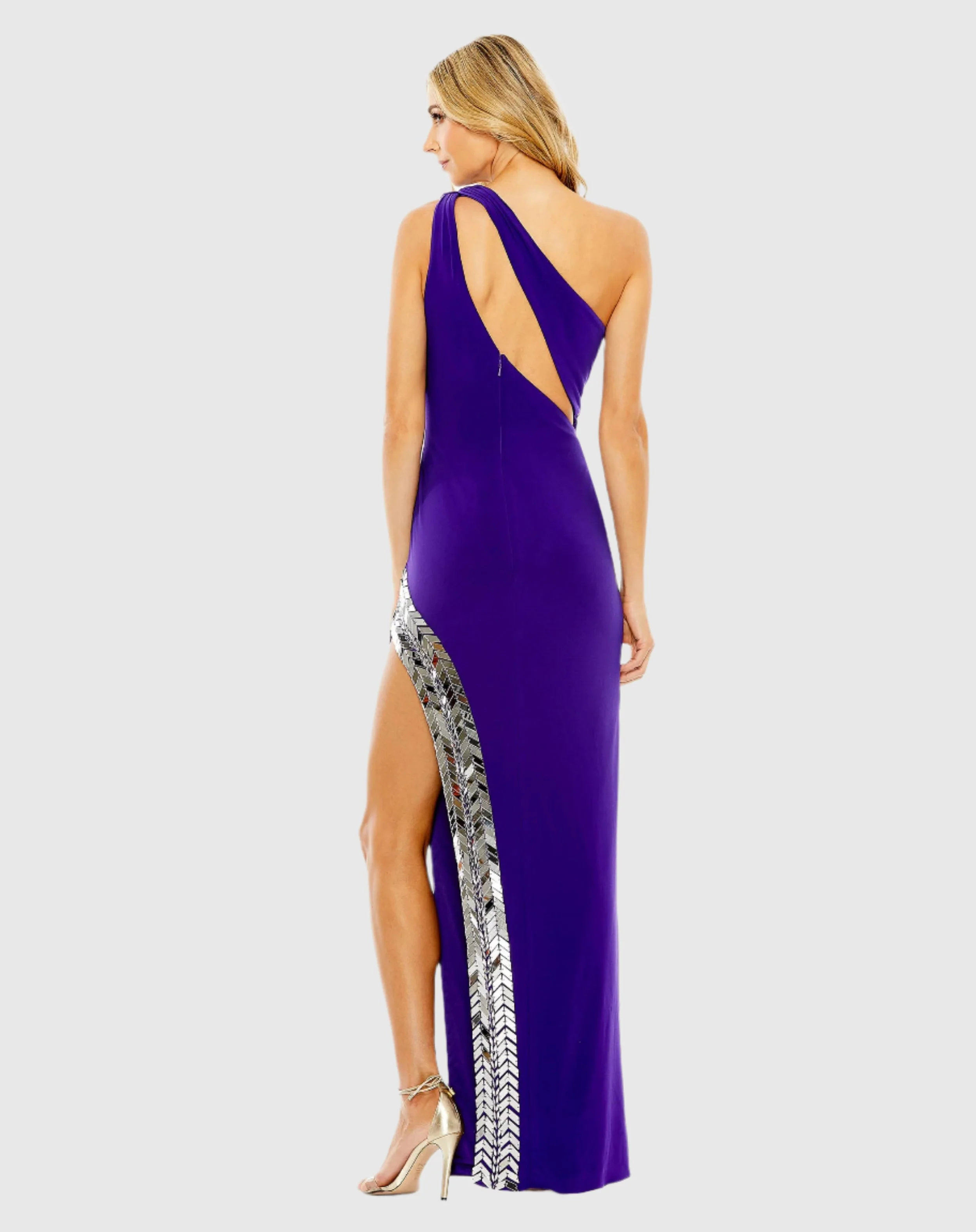 Purple One Shoulder Cut Out Mirror Sequin High Slit Gown