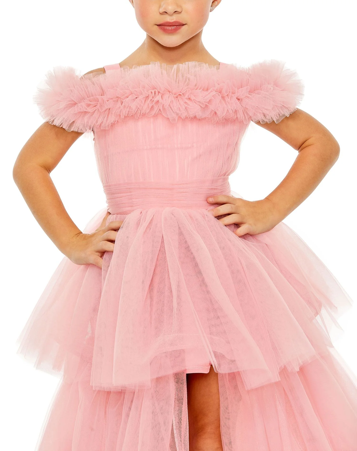 Pink Girls Off the Shoulder High Low Tulle Dress