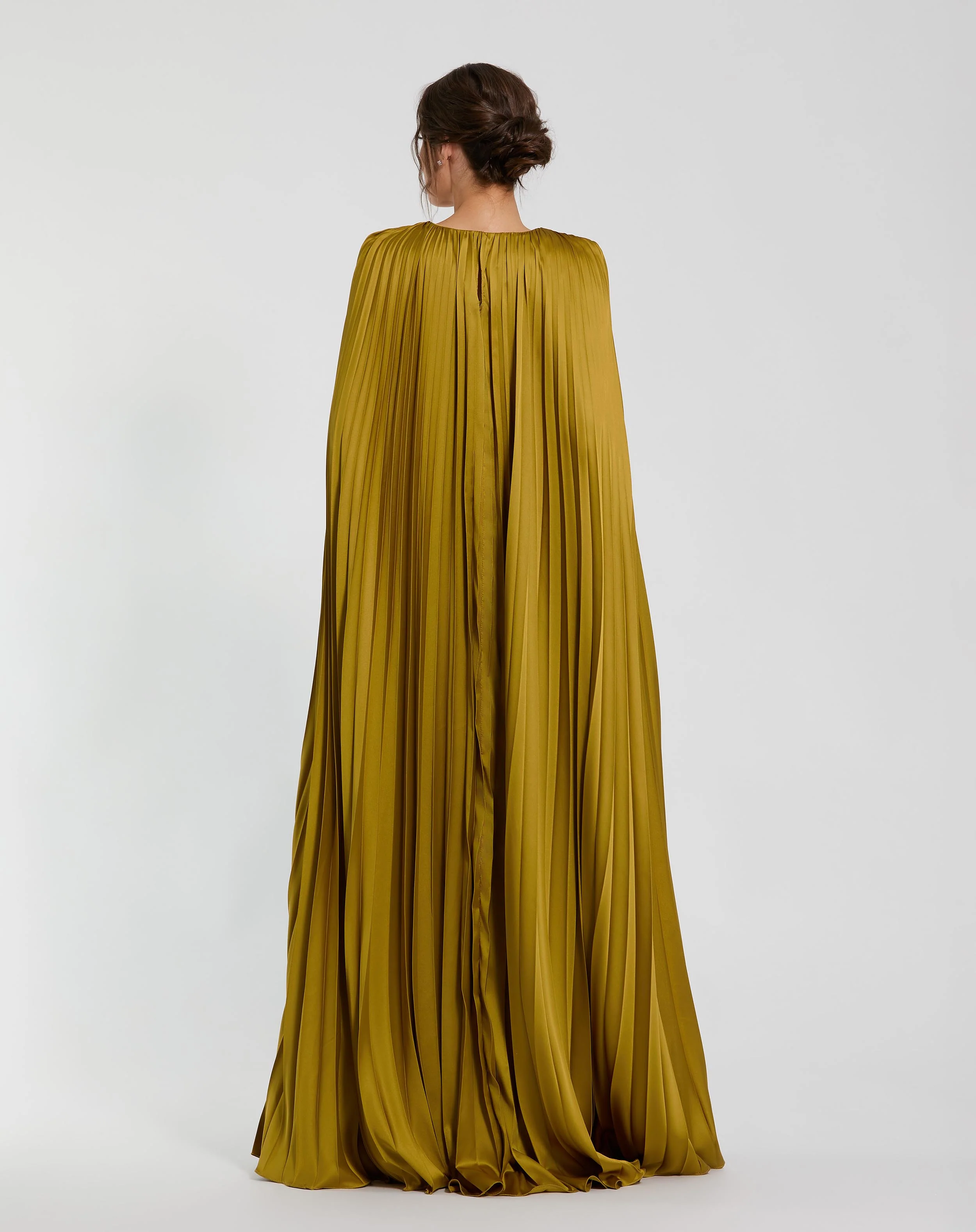 Green Pleated Charmeuse V Neck Gown With Cape