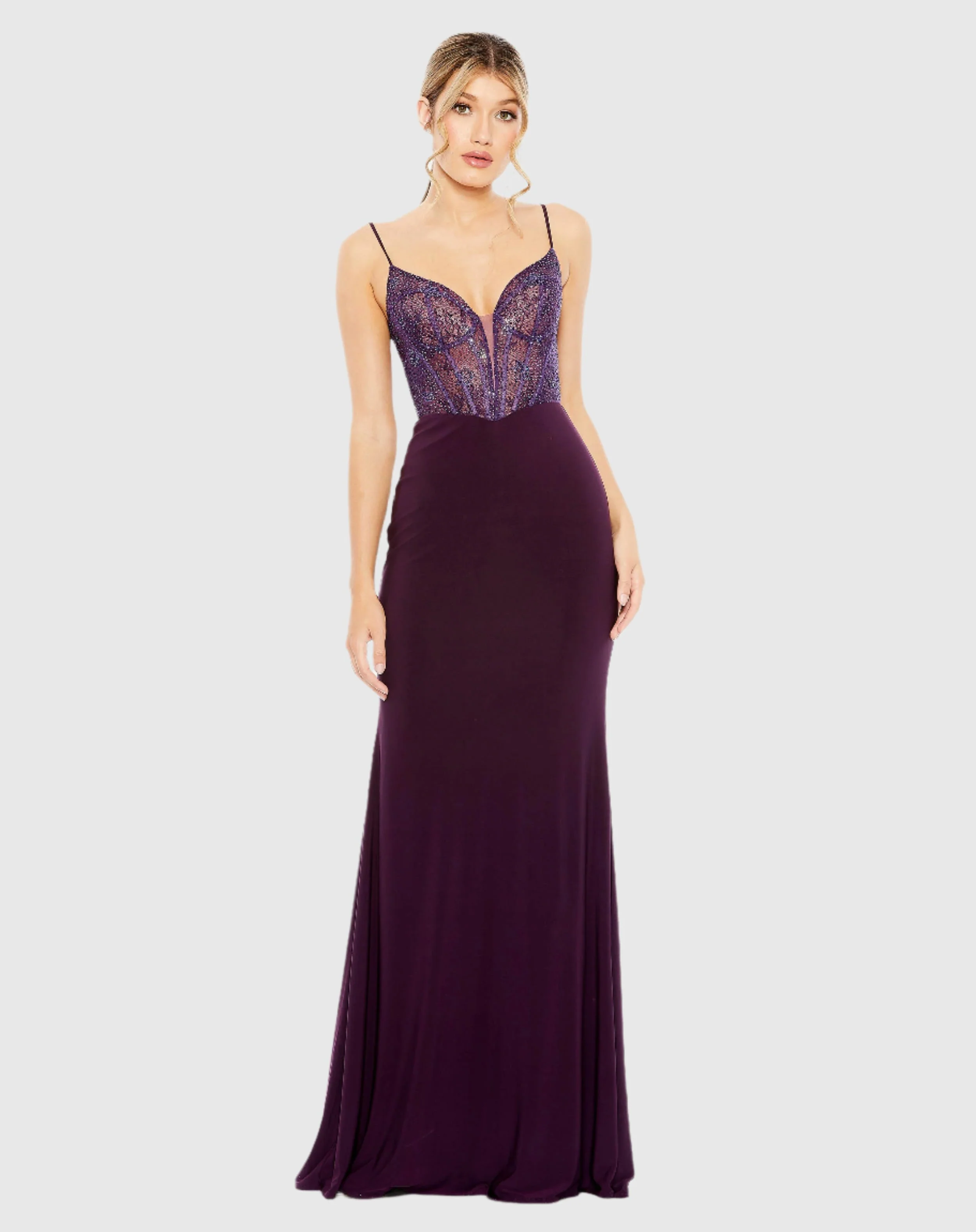 Dark Purple Sweetheart Mesh Embellished Gown
