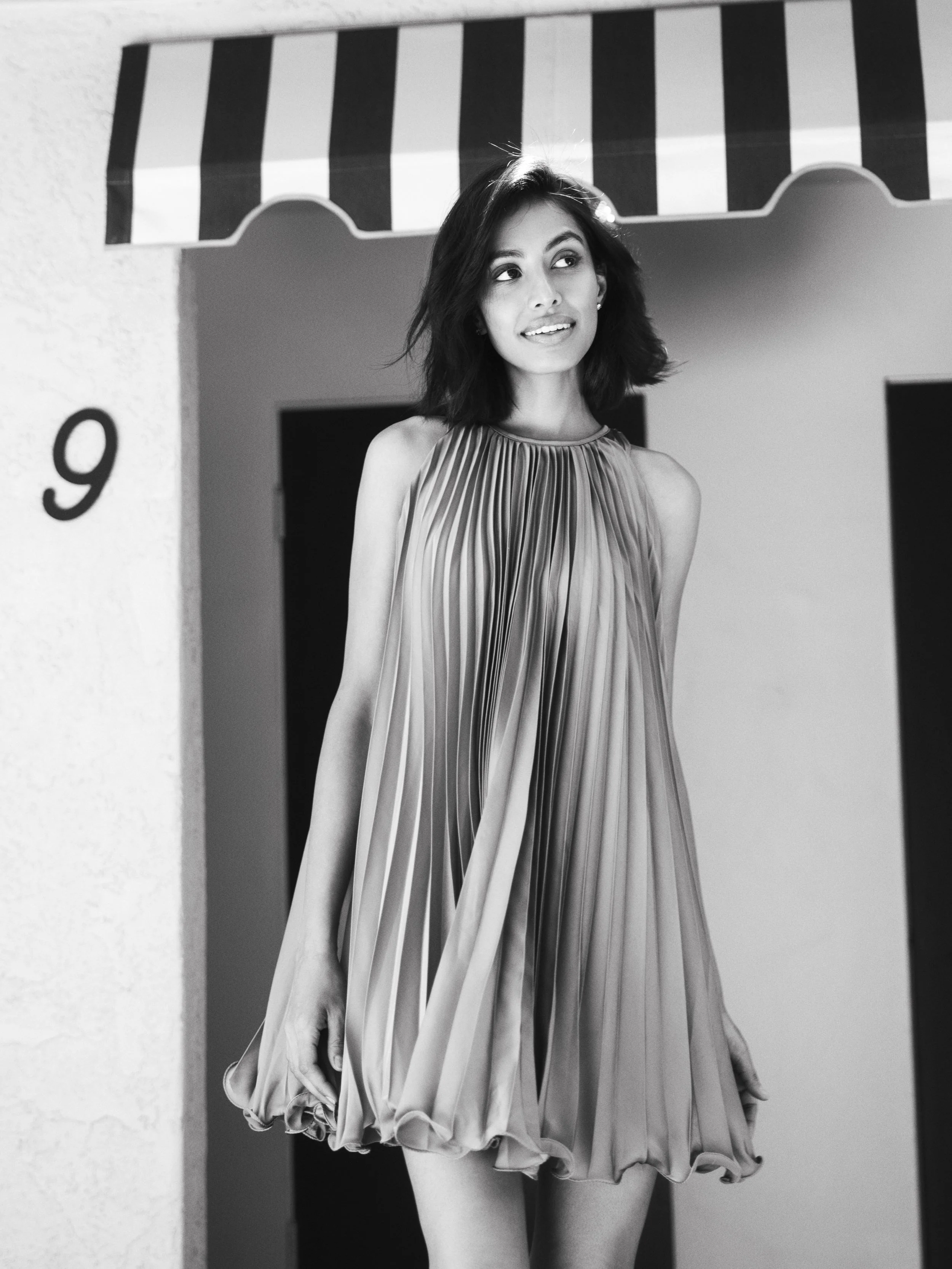 Orange Pleated Halter Neck Flowy Mini Trapeze Dress