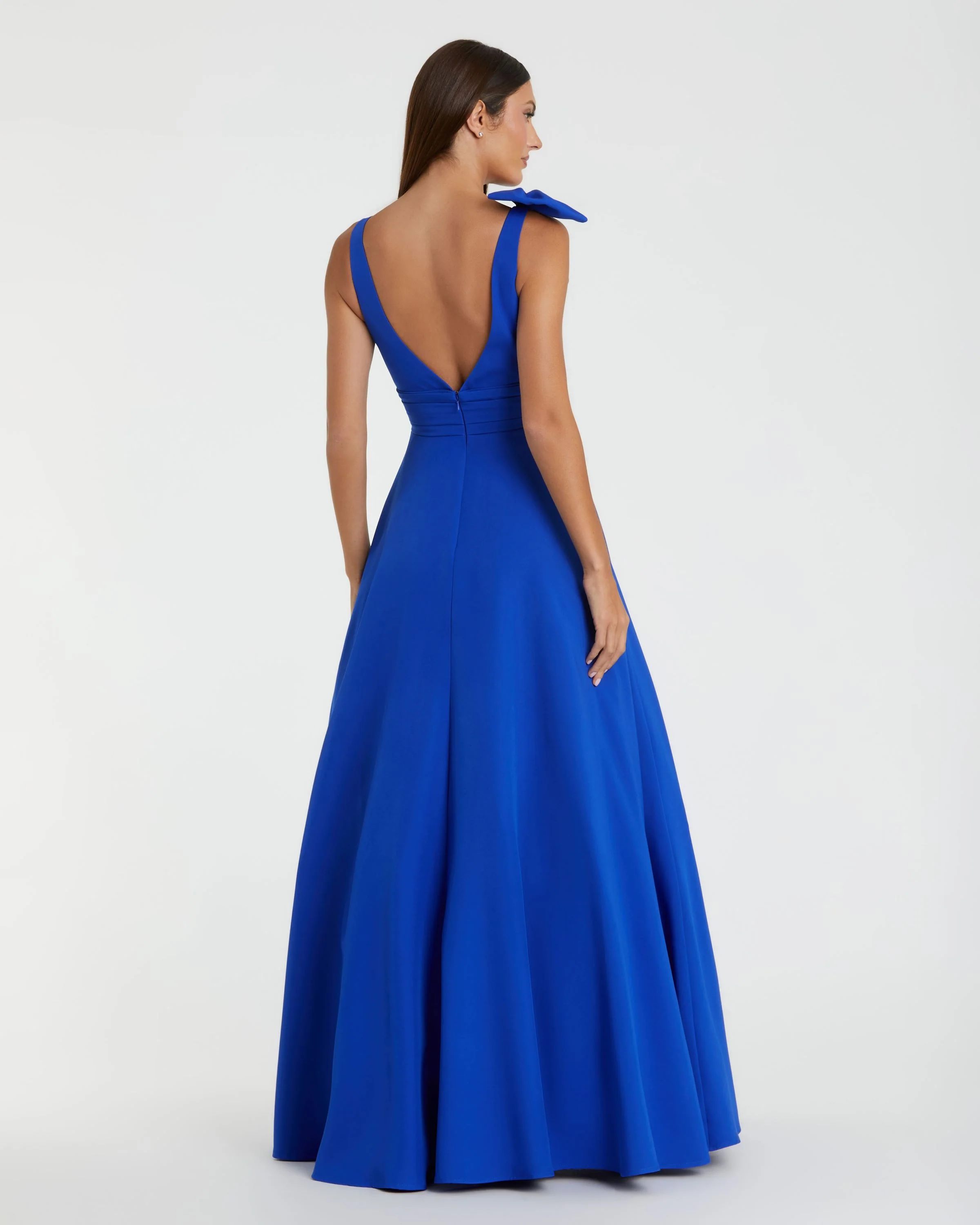 Blue Crepe Sleeveless V Neck Ballgown With Bow