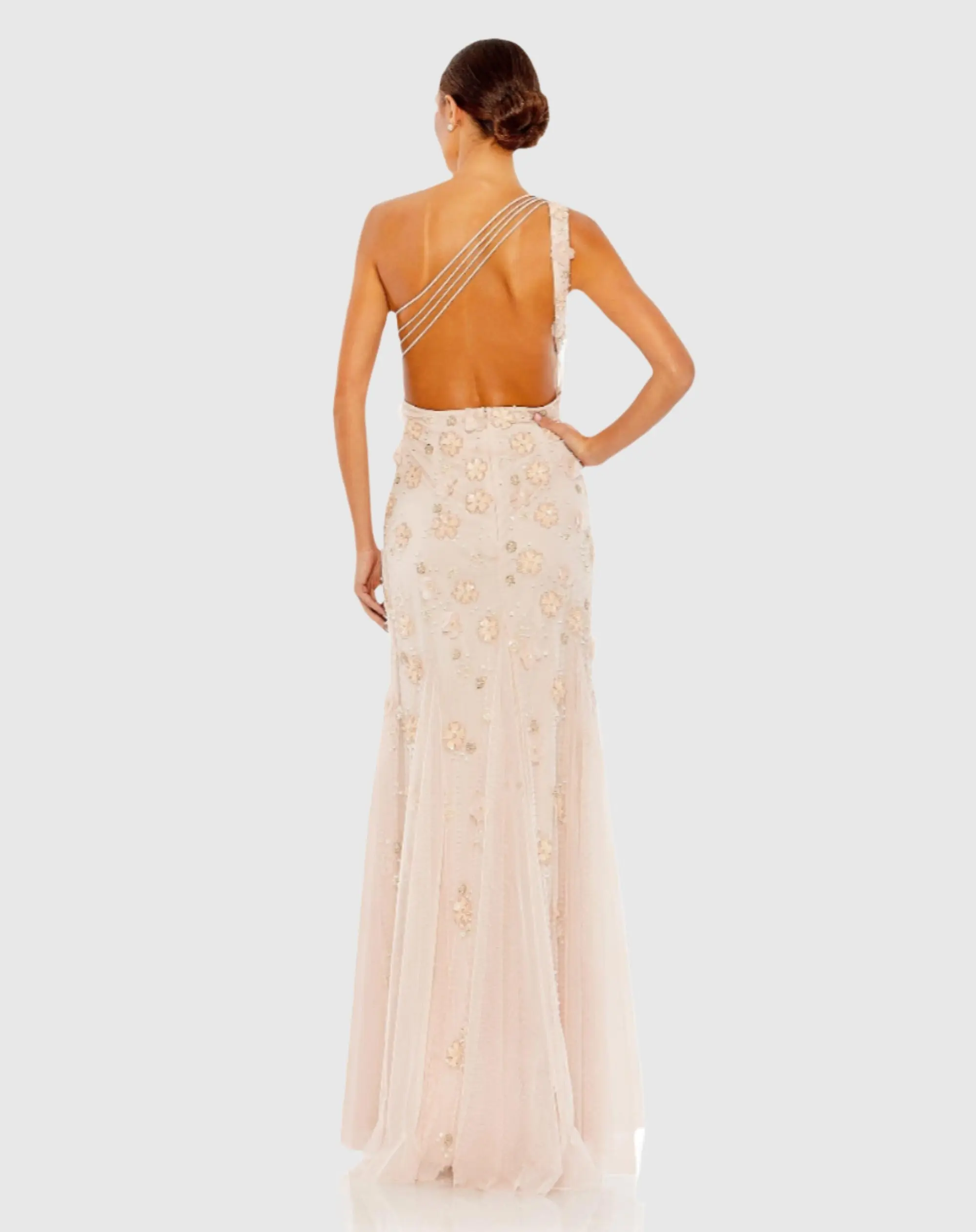 Pink Embellished One Shoulder Strappy Trumpet Gown