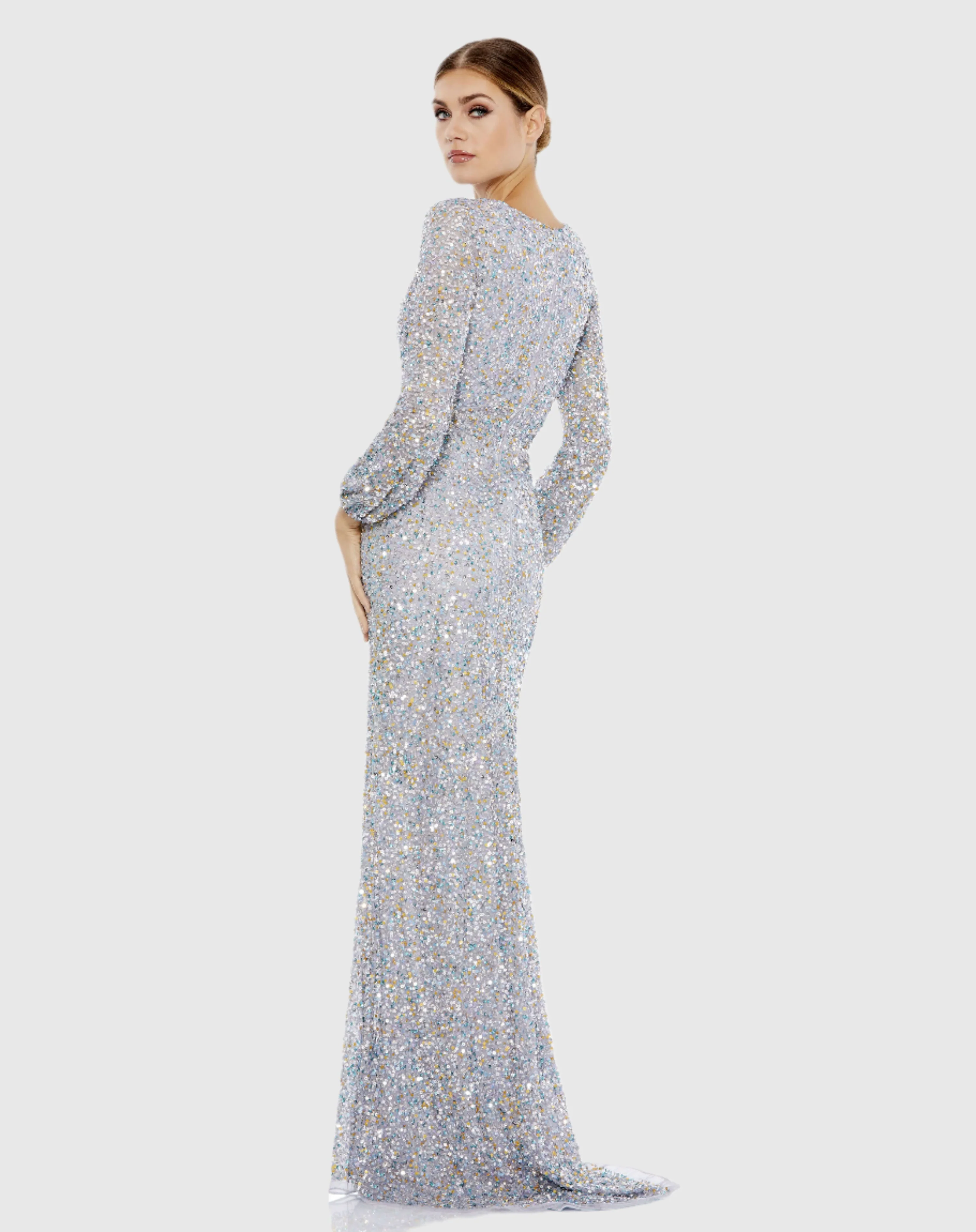 Silver Multi-Colored Sequin Long Sleeve Gown