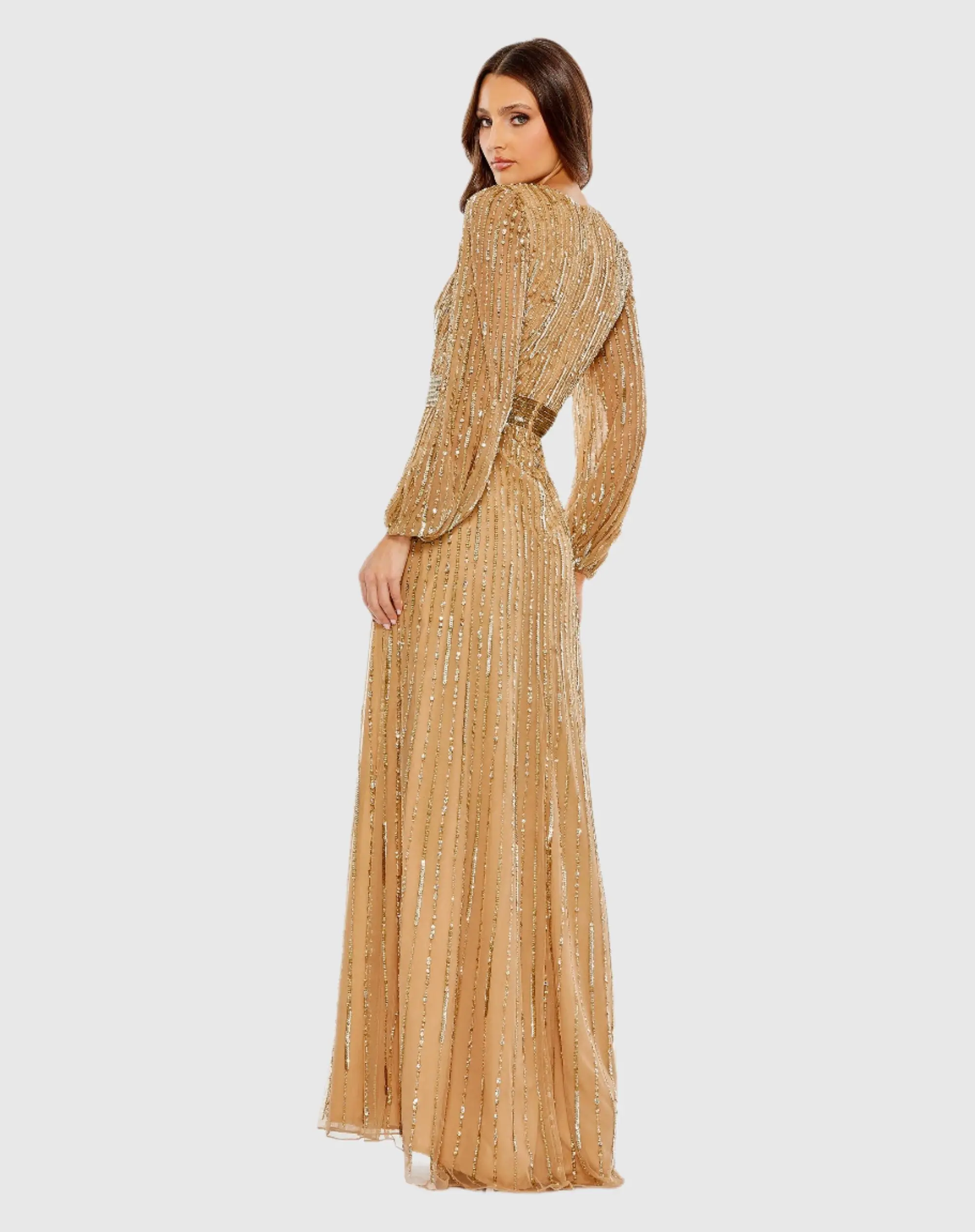 Gold Wrap Over Puff Sleeve Embellished Gown