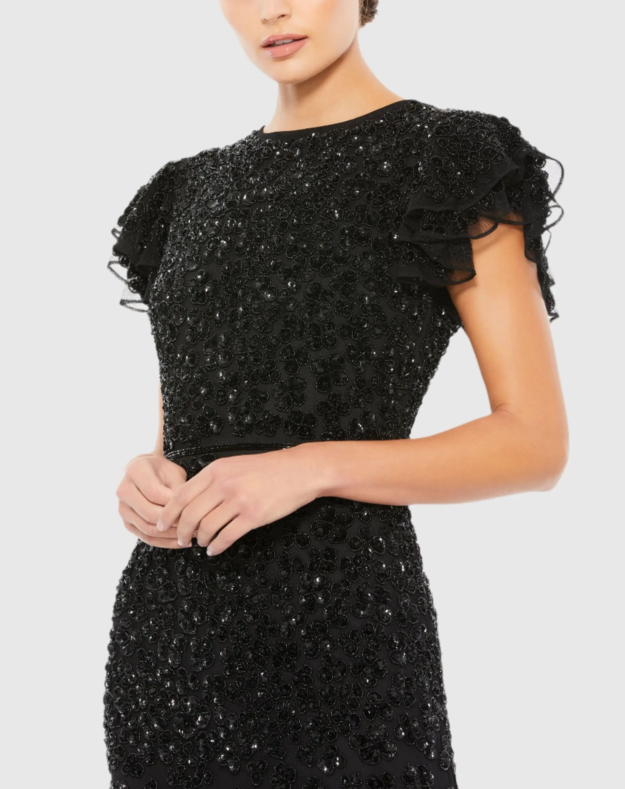 Black High Neck Flutter Cap Sleeve Gown