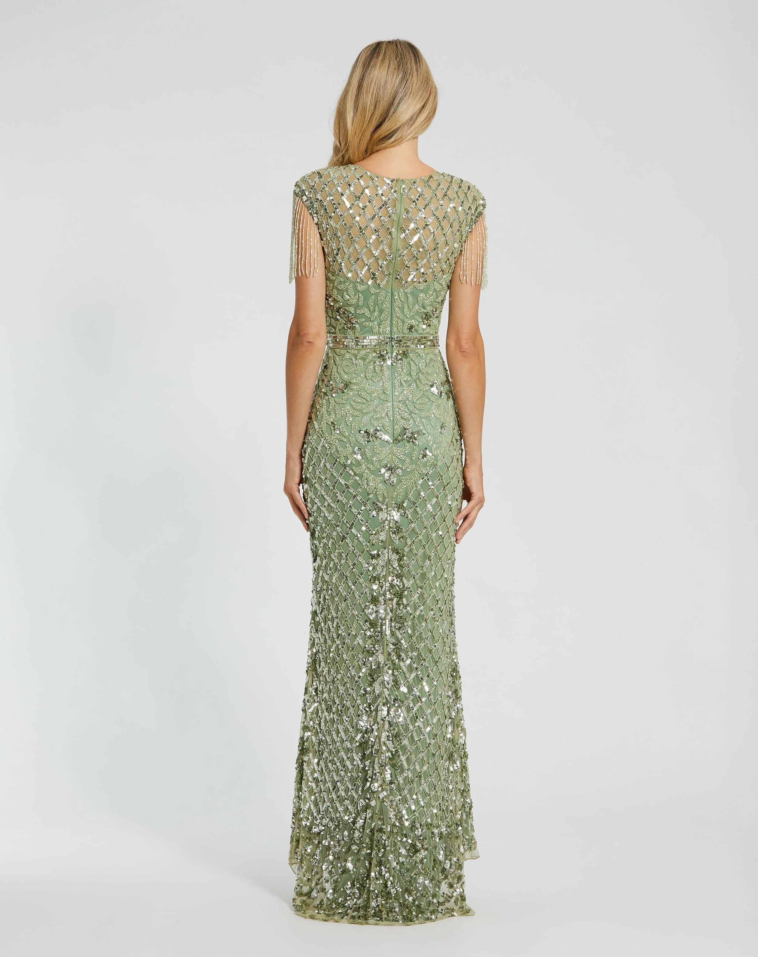 Green High Neck Sleeveless Beaded Fringe Fitted Gown
