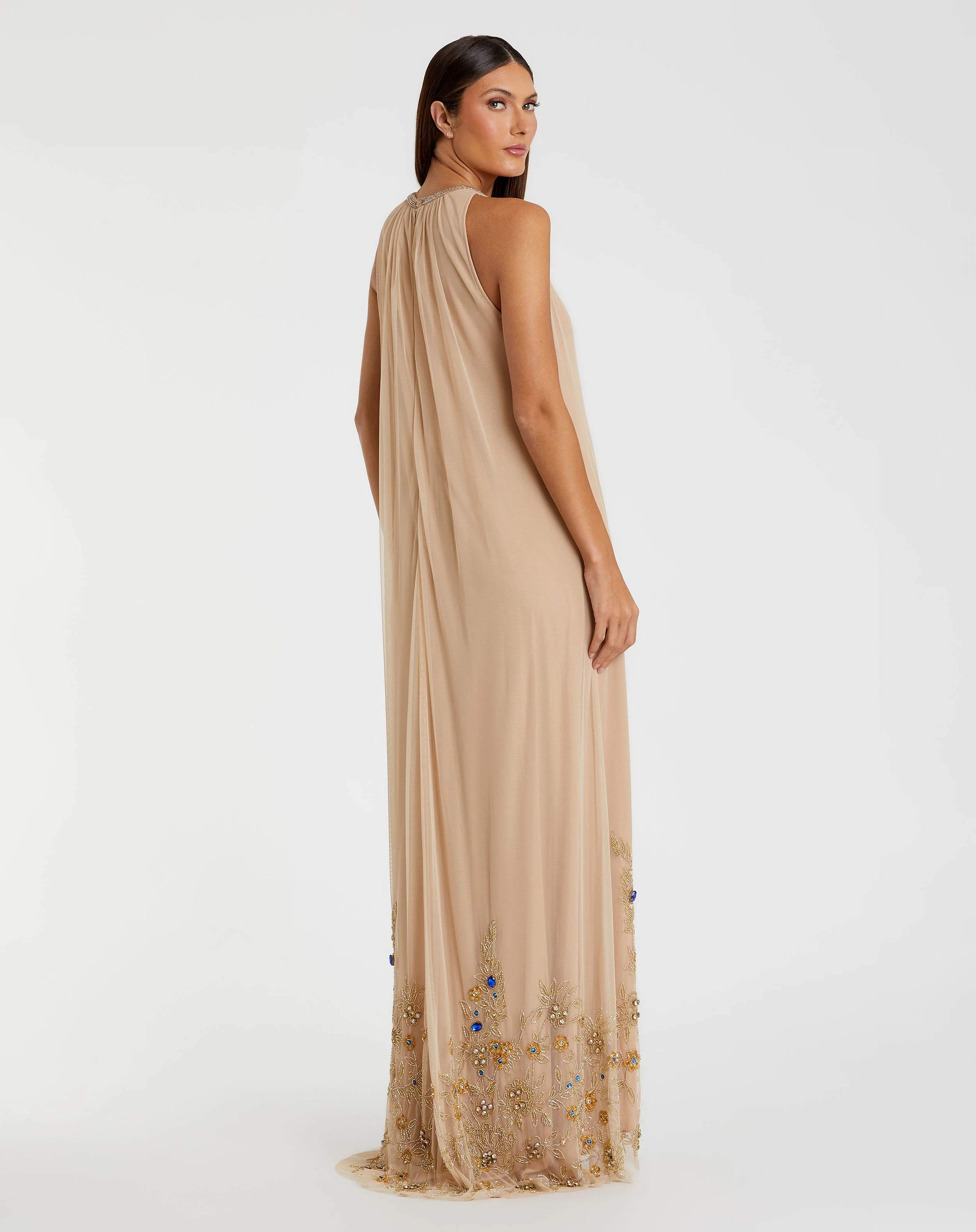 Beige High Neck Floral Embellished Trapeze Gown