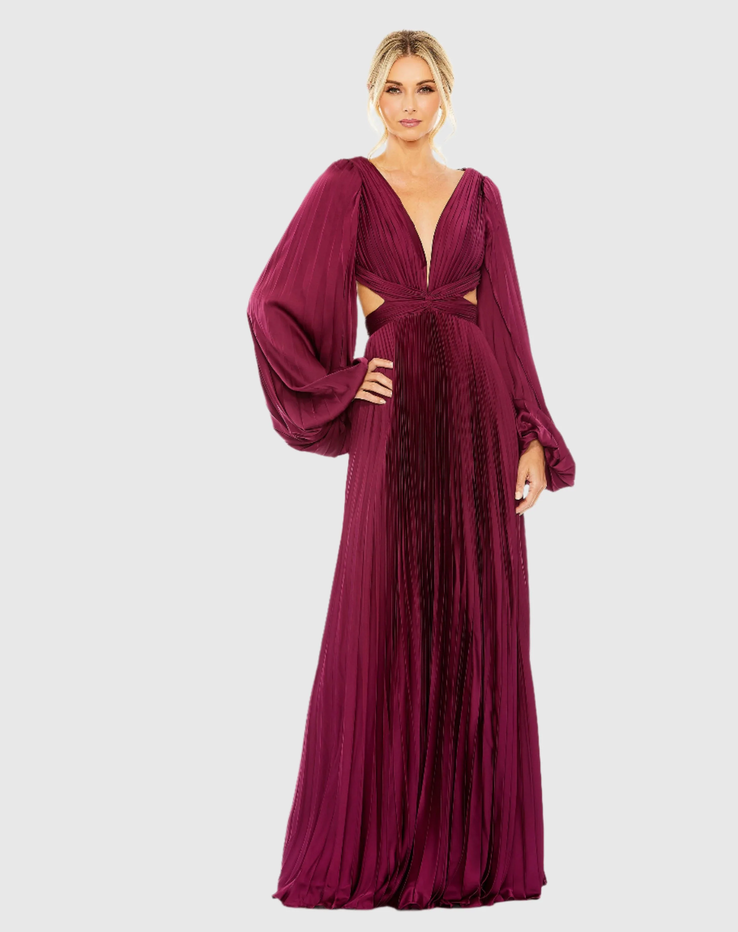 Red Long Sleeve Pleated Charmeuse Cut Out Gown