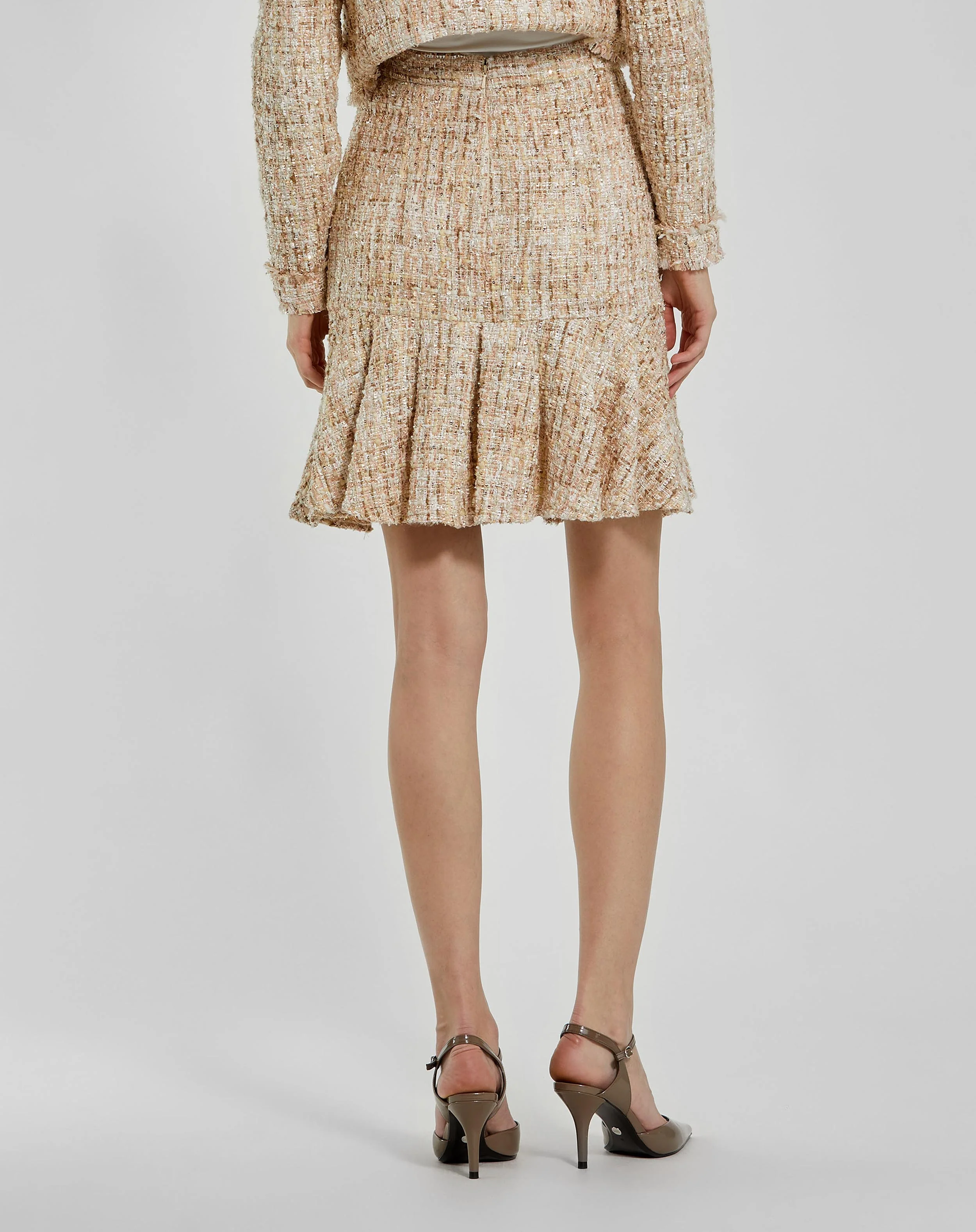 High Waist Box Pleat Boucle Mini Skirt