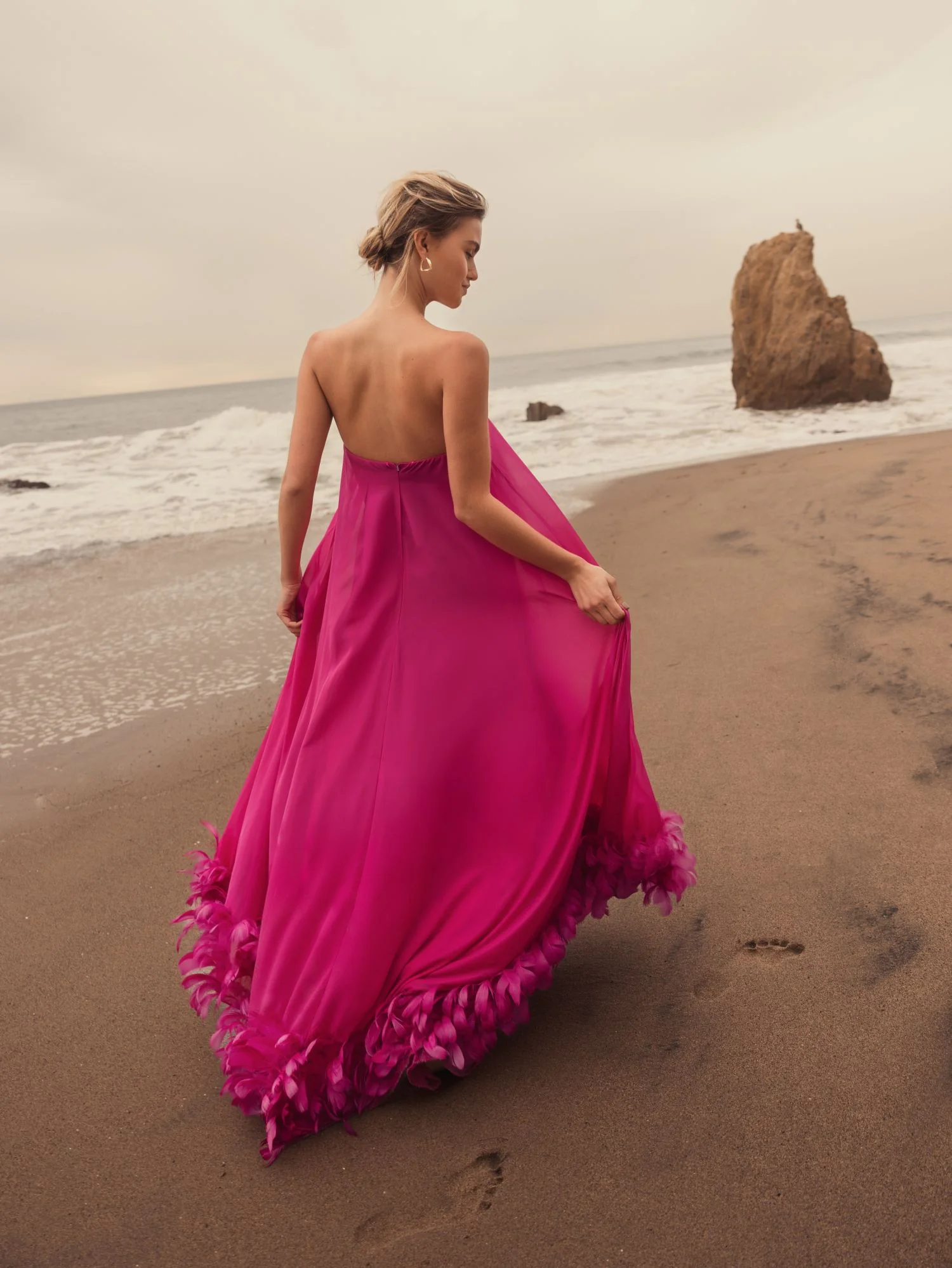 Pink Strapless Flare Feather Hem Gown
