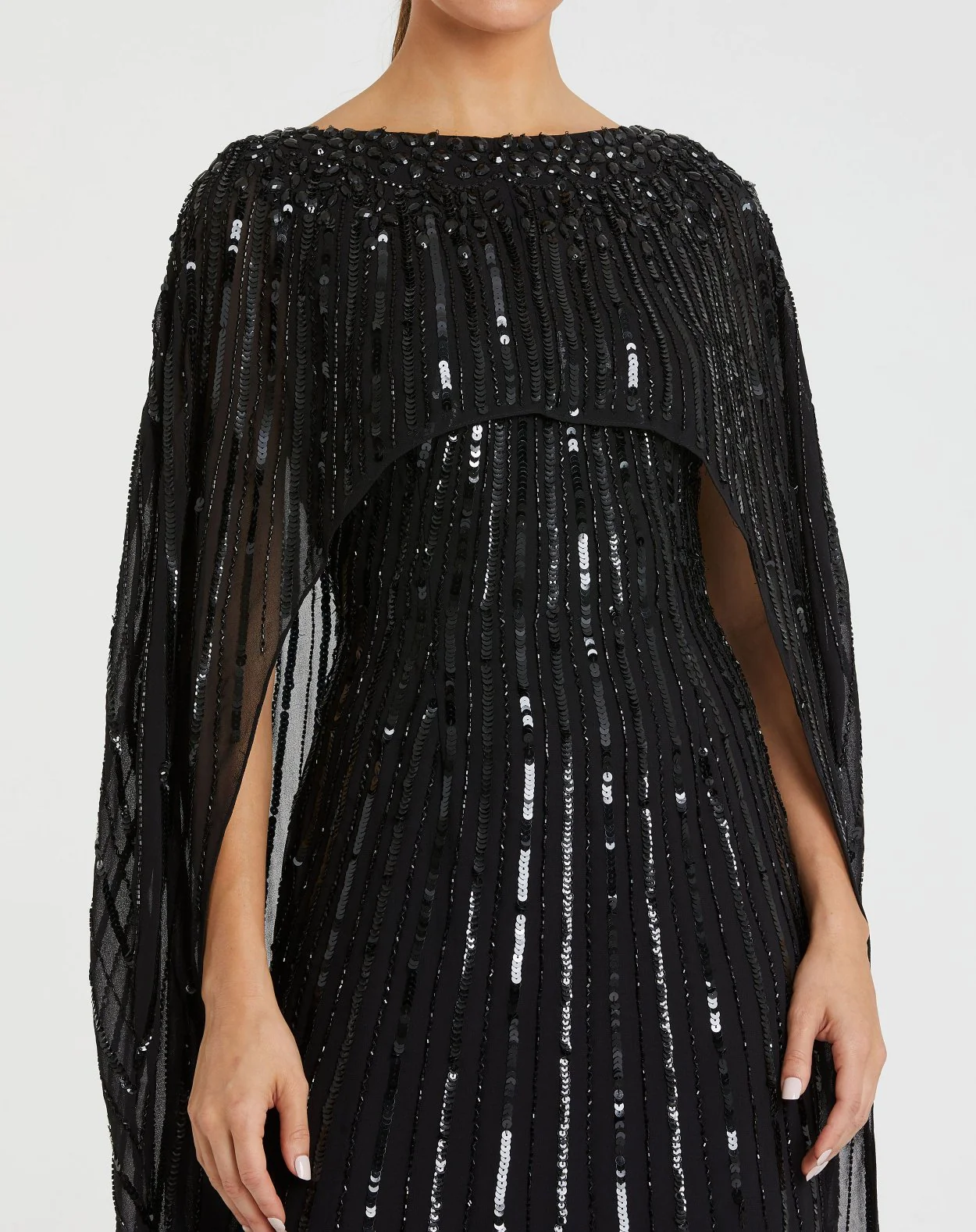 Black Embellished Beaded Column Cape Gown