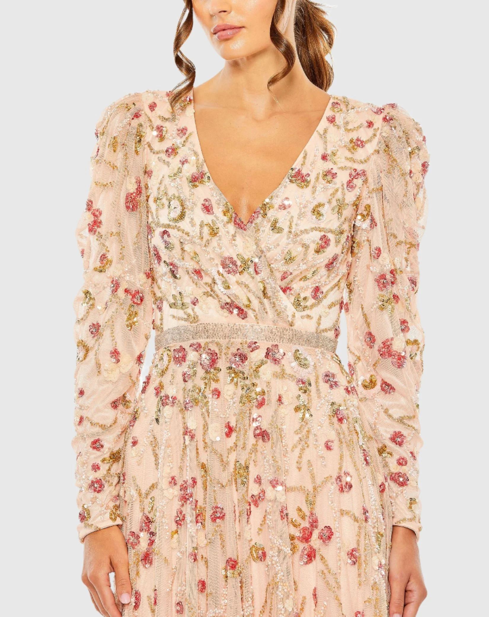 Floral Embellished Wrap Over Puff Sleeve A Line Gown