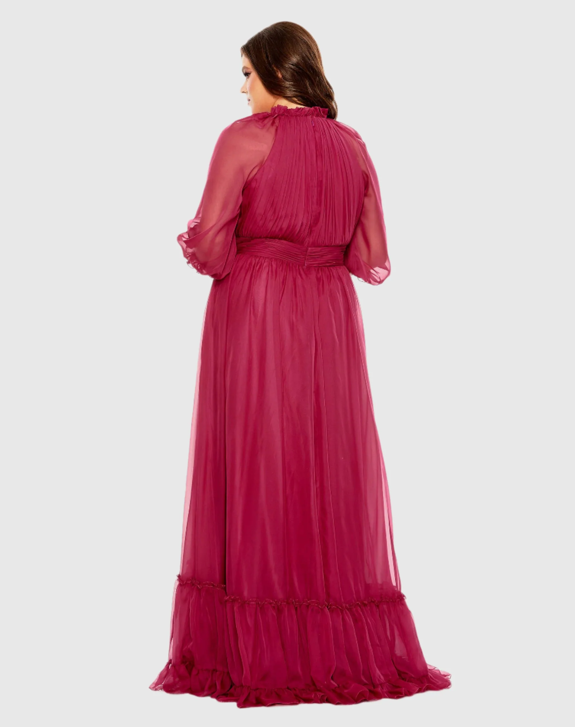 Purple High Neck Puff Sleeve Tiered A Line Gown