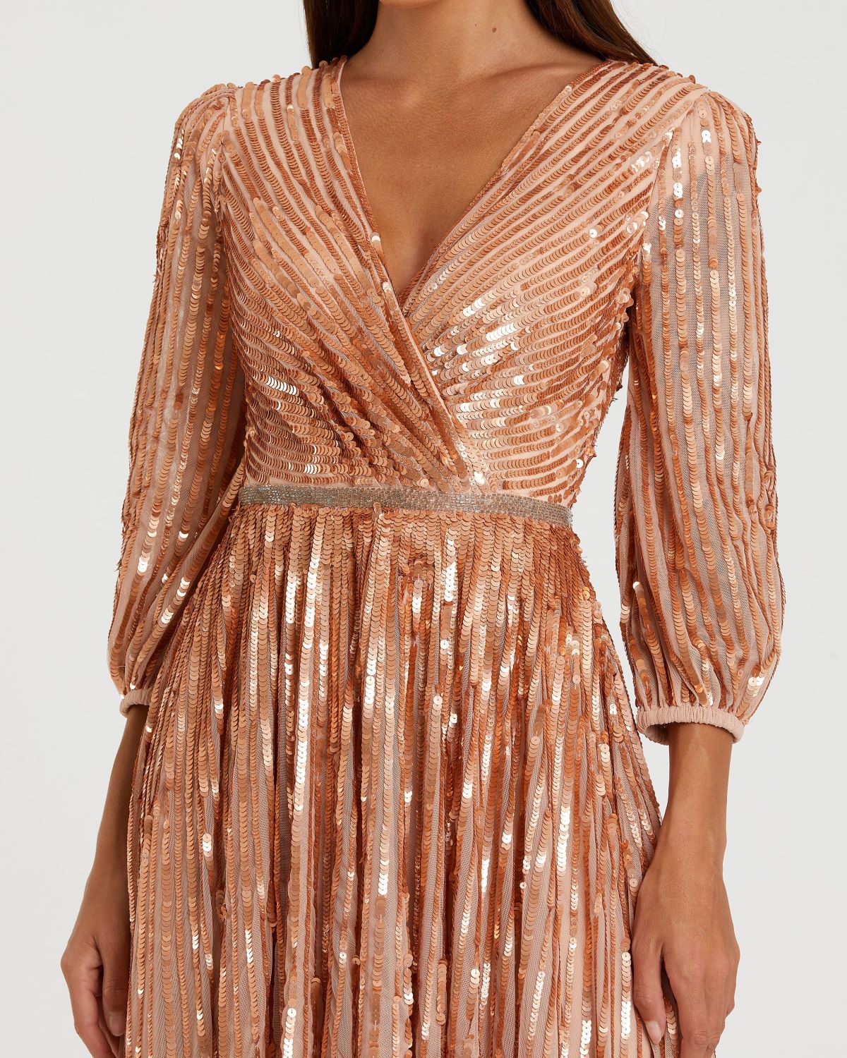 Pink Sequined Wrap Over 3/4 Sleeve Gown