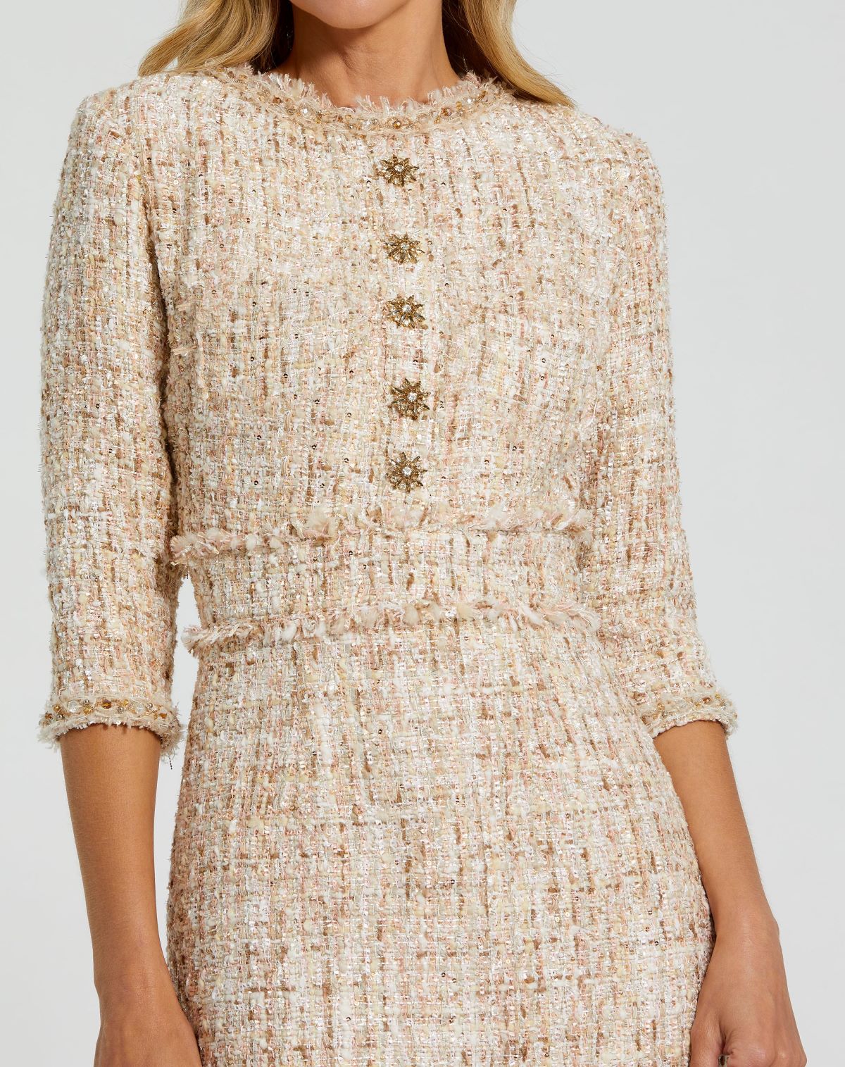 Beige 3/4 Sleeve Beaded Trim Patch Pocket Tweed Midi Dress