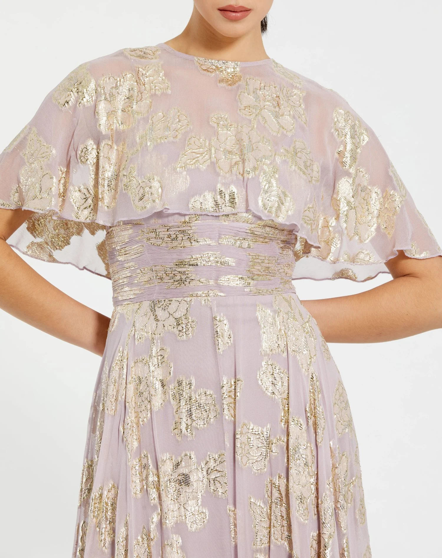 Purple Floral Print High Neck Cape Sleeve A Line Gown